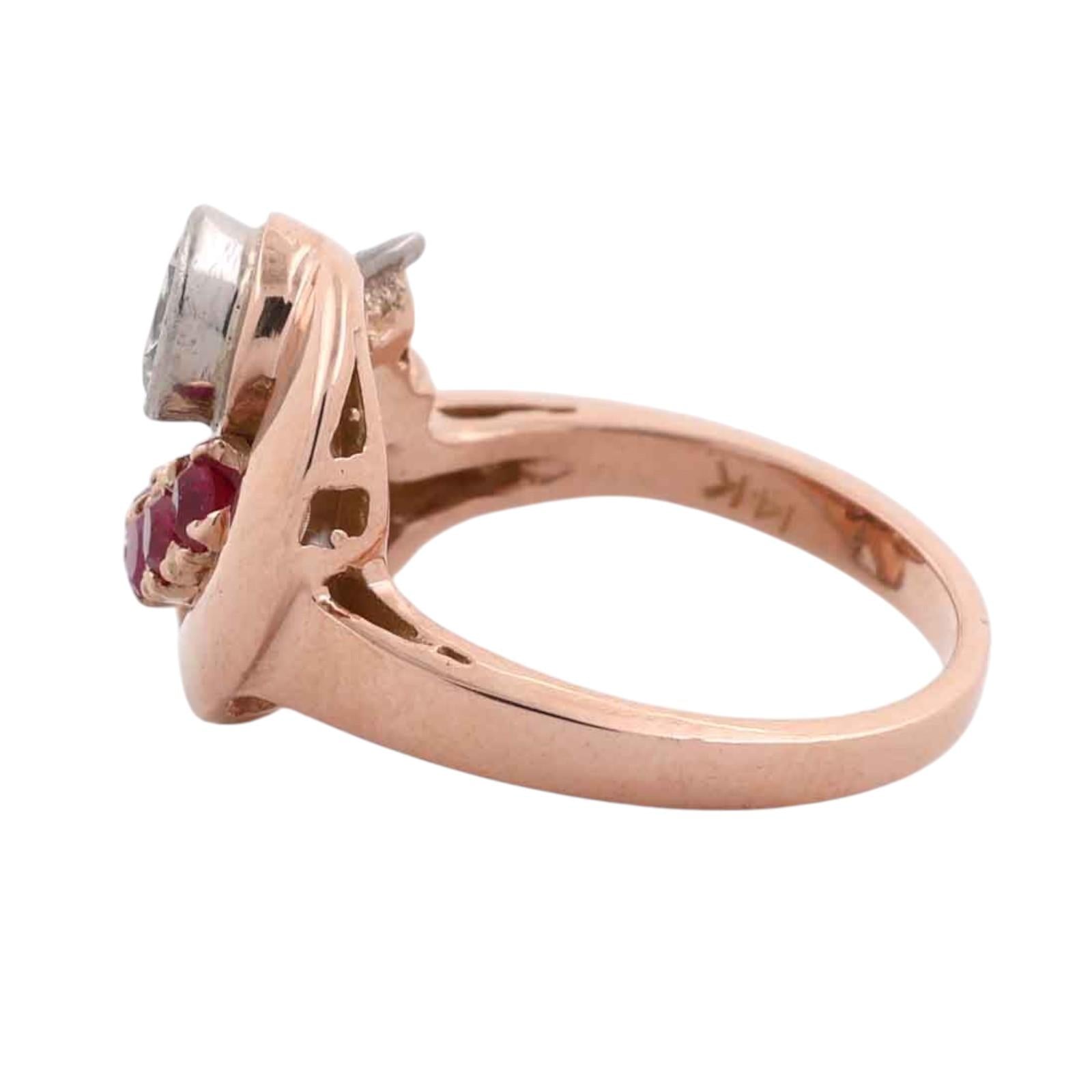 1940s Retro Vintage Diamond & Lab Grown Ruby Cocktail Ring Two Tone Gold Size 6