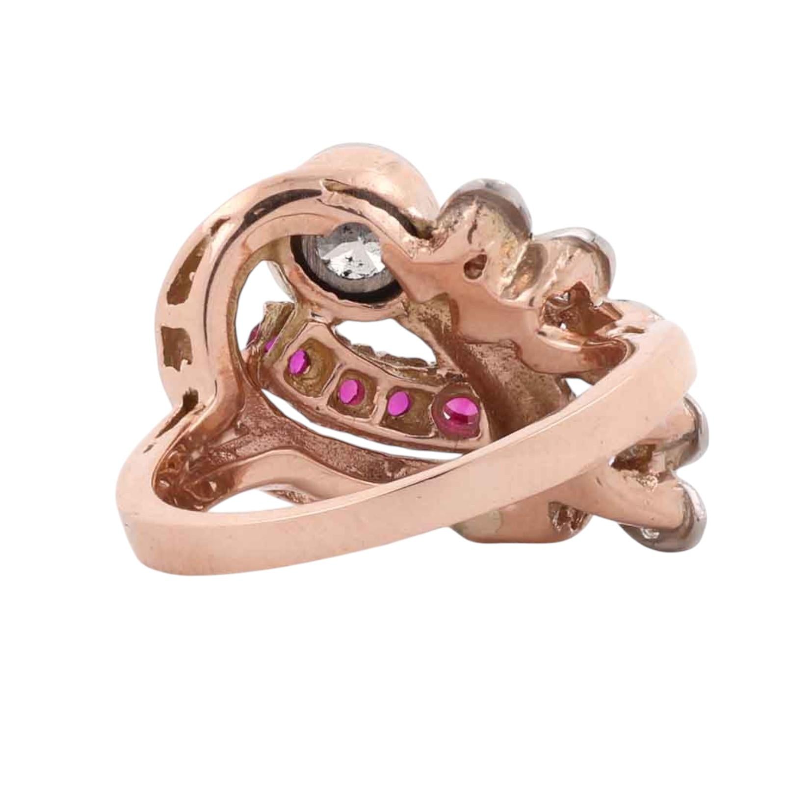 1940s Retro Vintage Diamond & Lab Grown Ruby Cocktail Ring Two Tone Gold Size 6