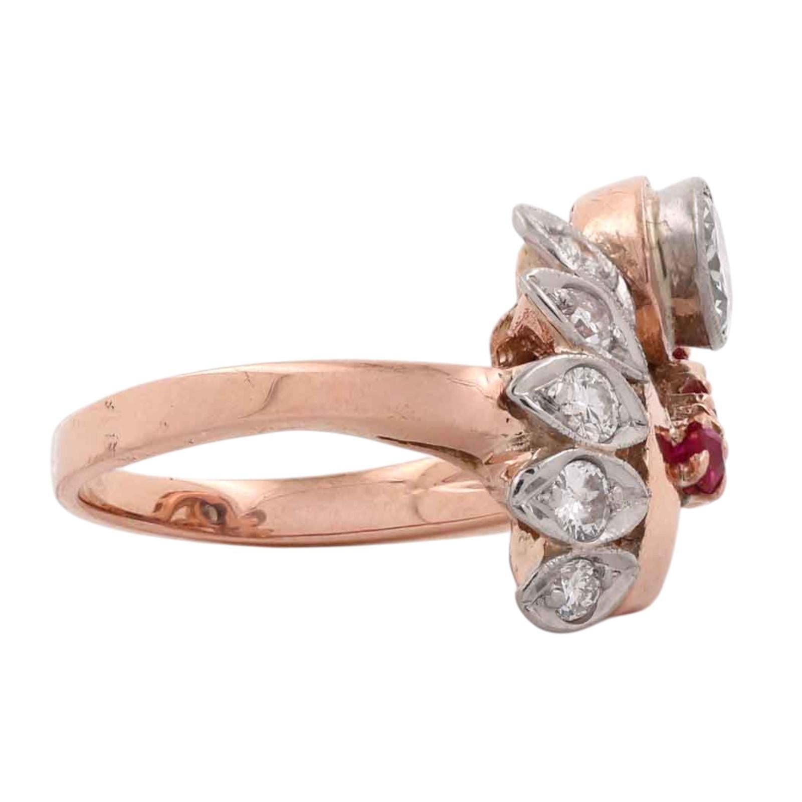 1940s Retro Vintage Diamond & Lab Grown Ruby Cocktail Ring Two Tone Gold Size 6