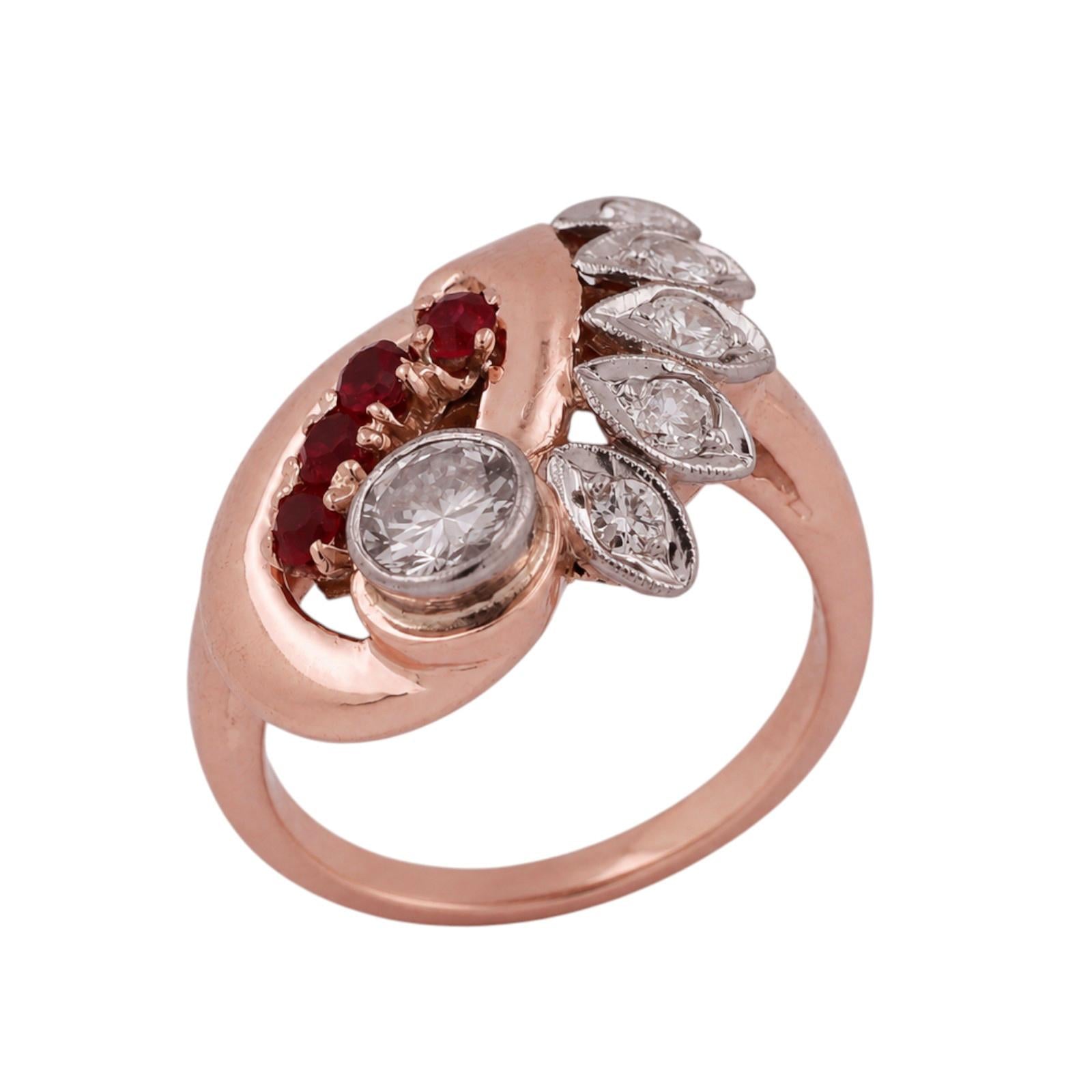 1940s Retro Vintage Diamond & Lab Grown Ruby Cocktail Ring Two Tone Gold Size 6