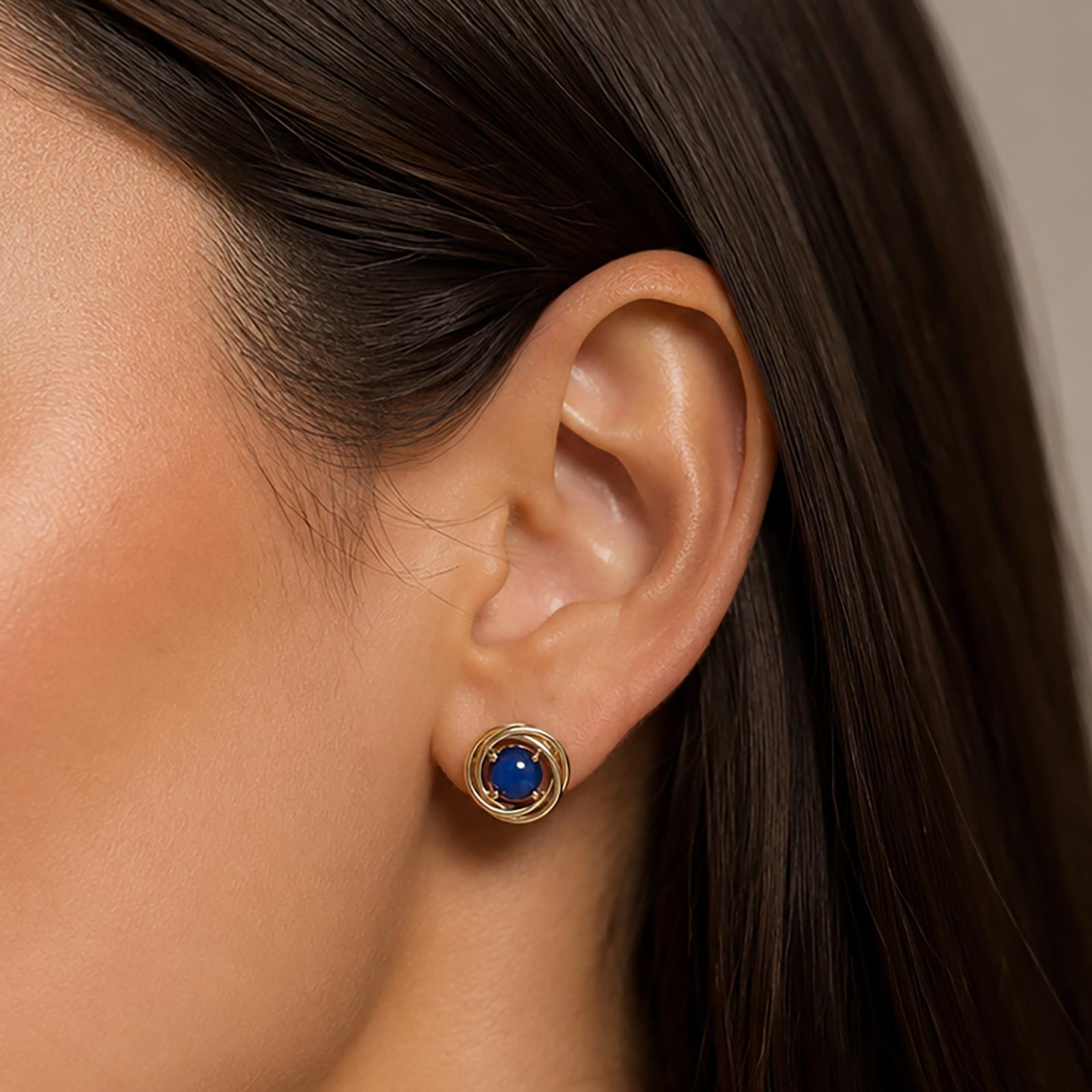 14K Yellow Gold Blue Star Sapphire Round Stud Earrings Lab Created Screw Backs