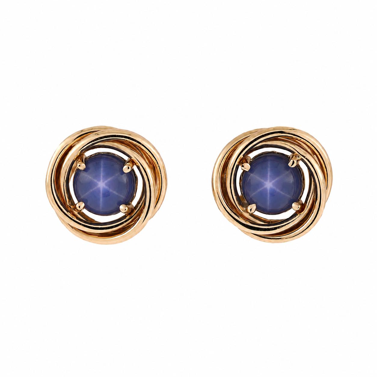 14K Yellow Gold Blue Star Sapphire Round Stud Earrings Lab Created Screw Backs