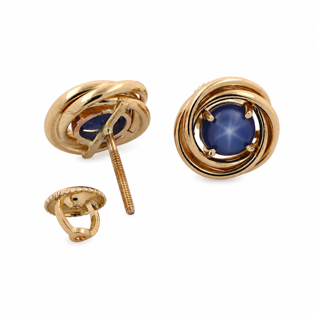 14K Yellow Gold Blue Star Sapphire Round Stud Earrings Lab Created Screw Backs