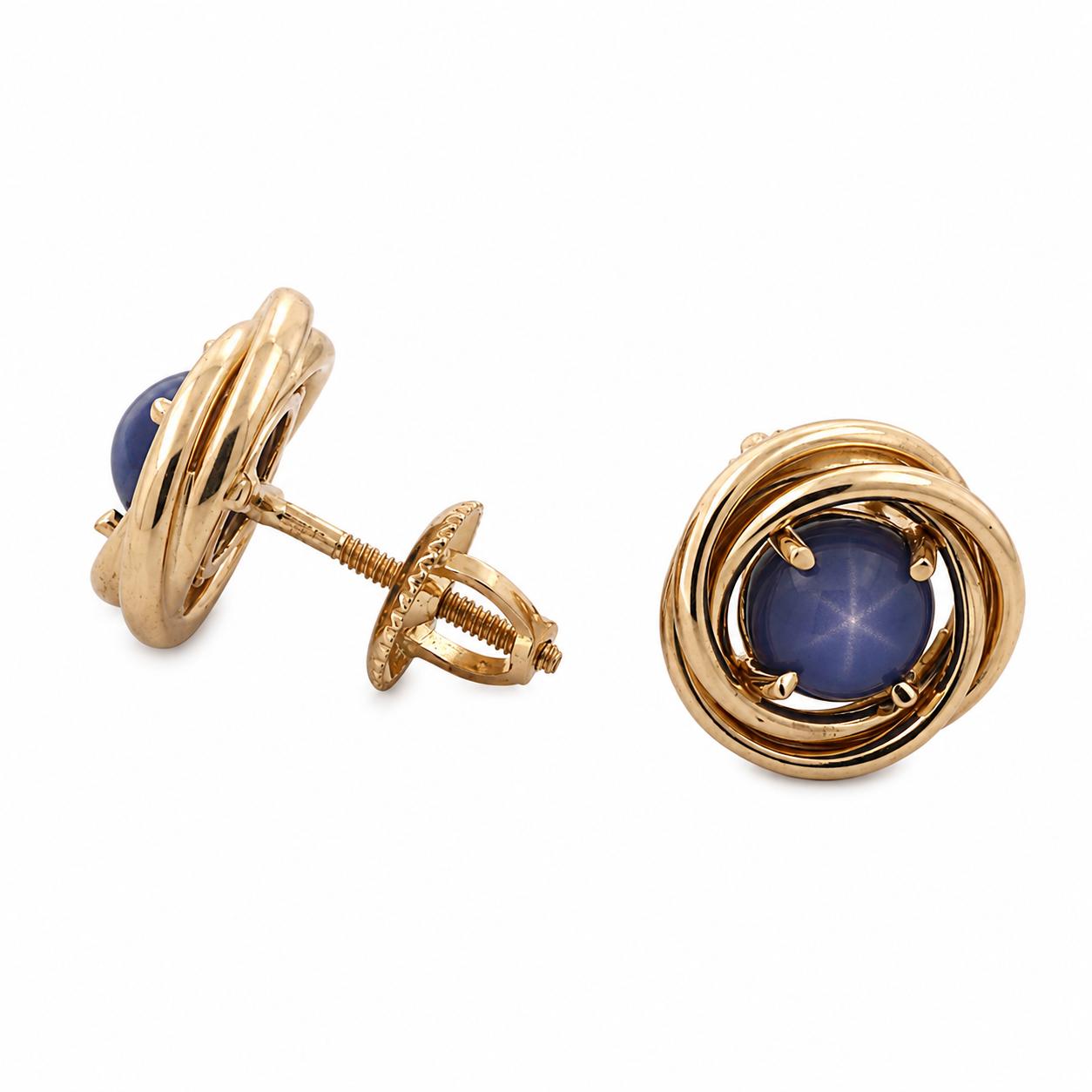 14K Yellow Gold Blue Star Sapphire Round Stud Earrings Lab Created Screw Backs