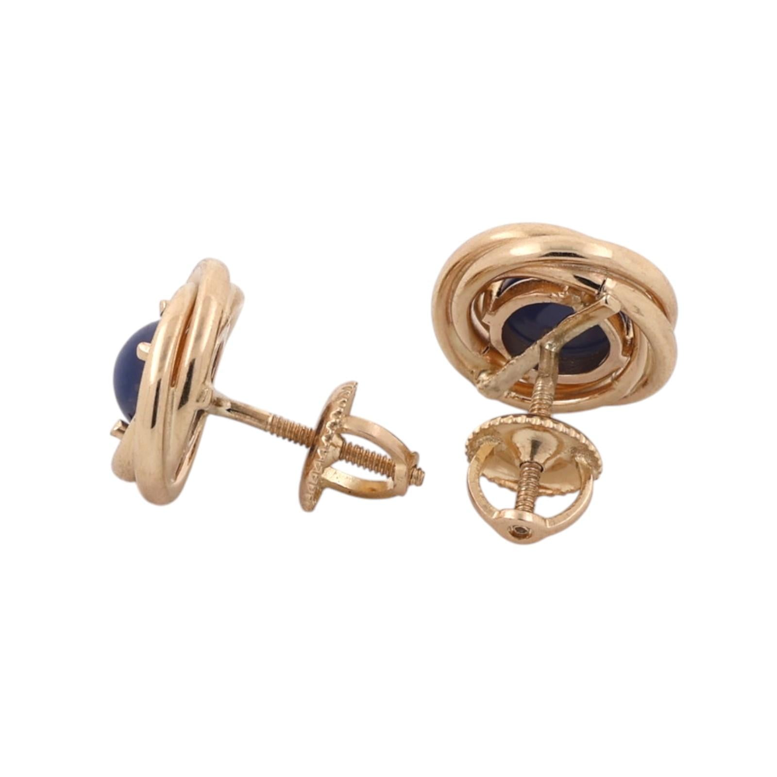 14K Yellow Gold Blue Star Sapphire Round Stud Earrings Lab Created Screw Backs