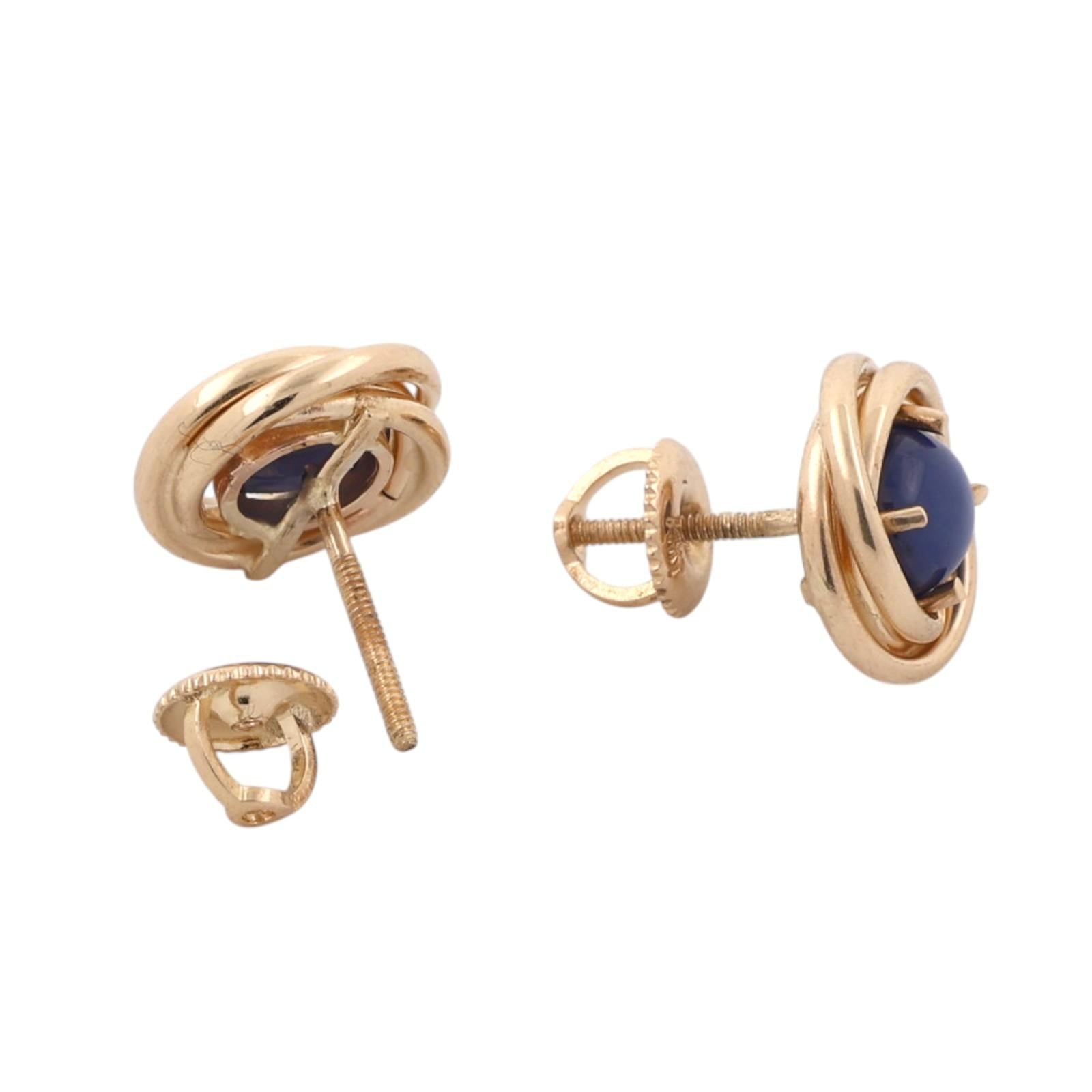 14K Yellow Gold Blue Star Sapphire Round Stud Earrings Lab Created Screw Backs