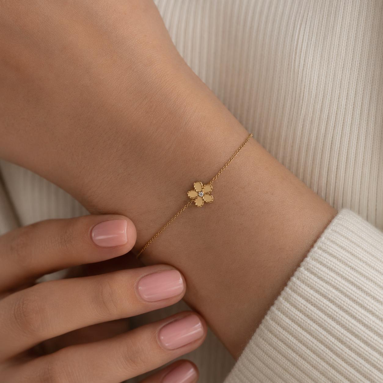 Roberto Coin 18K Yellow Gold Jasmine Diamond Small Flower Rolo Bracelet 6-7"