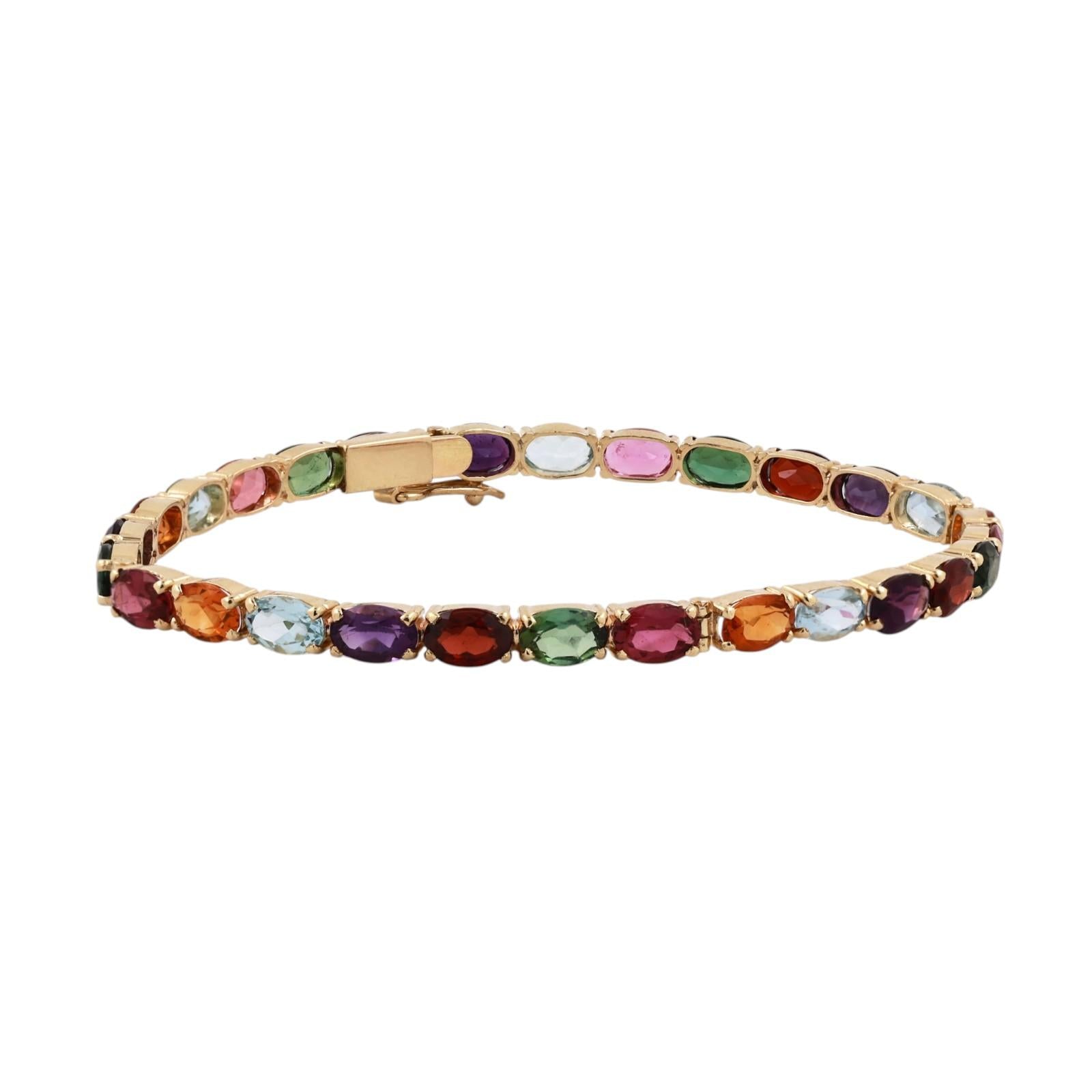 Multi Gemstone Tennis Bracelet Yellow Gold Amethyst Tourmaline Garnet Topaz 6.75