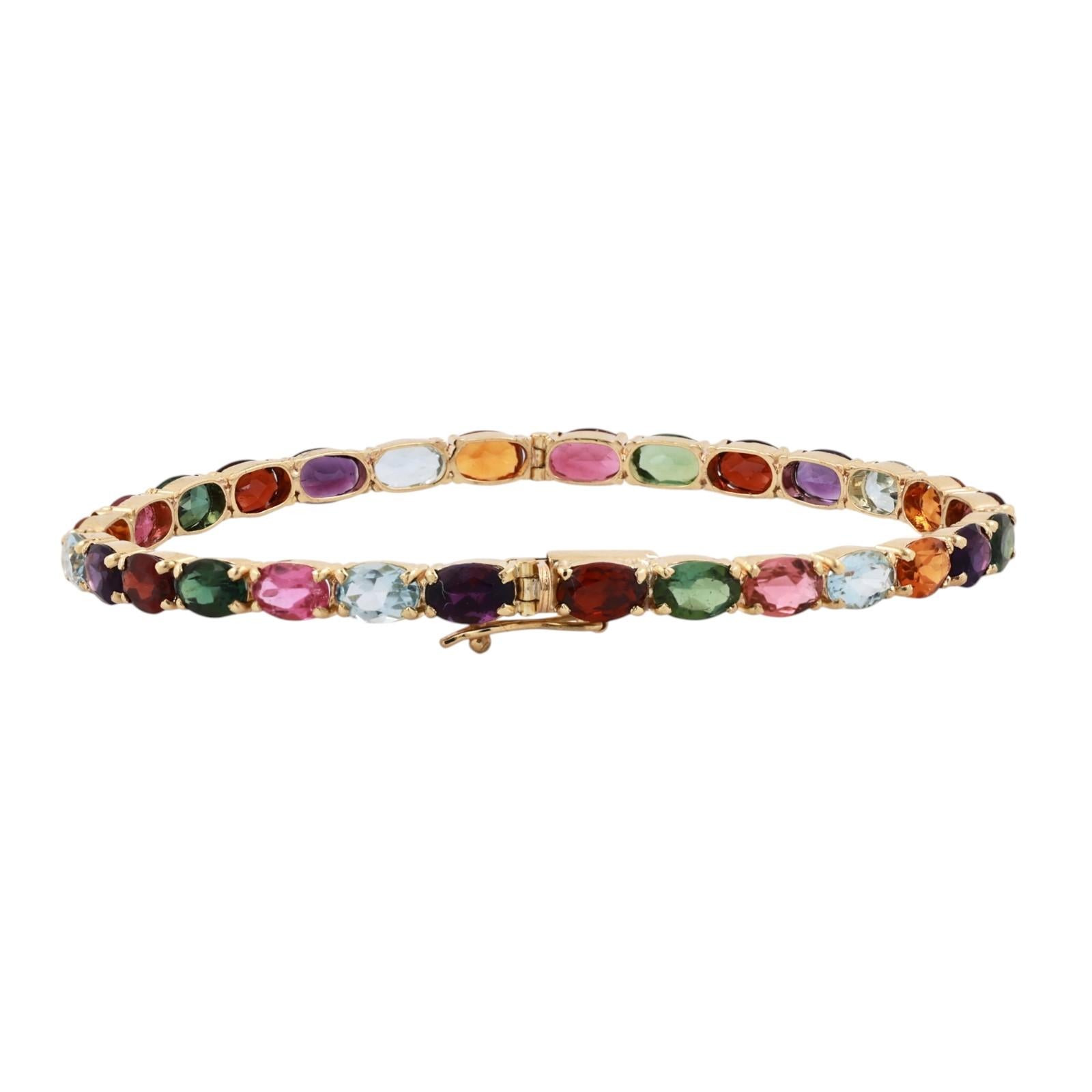 Multi Gemstone Tennis Bracelet Yellow Gold Amethyst Tourmaline Garnet Topaz 6.75