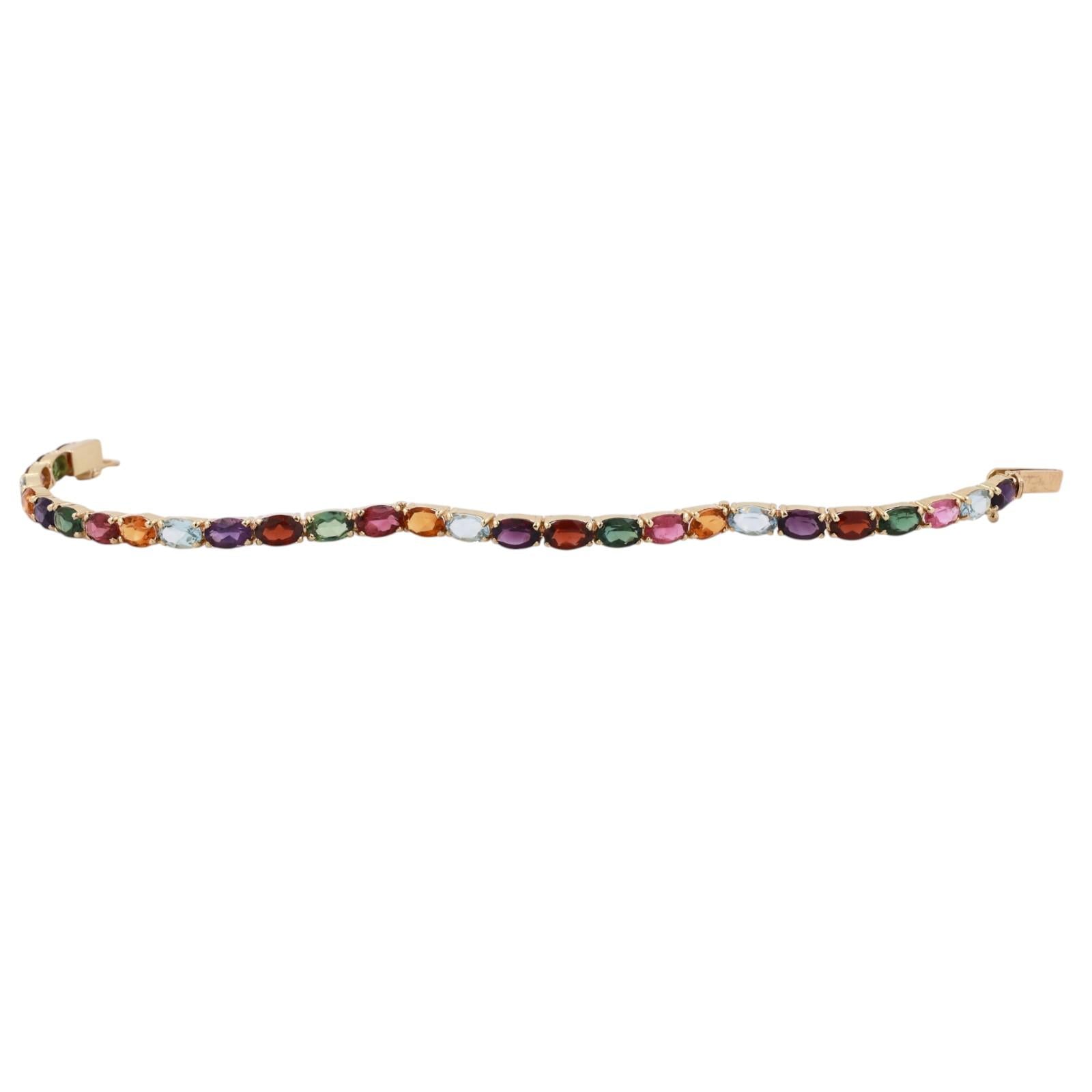 Multi Gemstone Tennis Bracelet Yellow Gold Amethyst Tourmaline Garnet Topaz 6.75