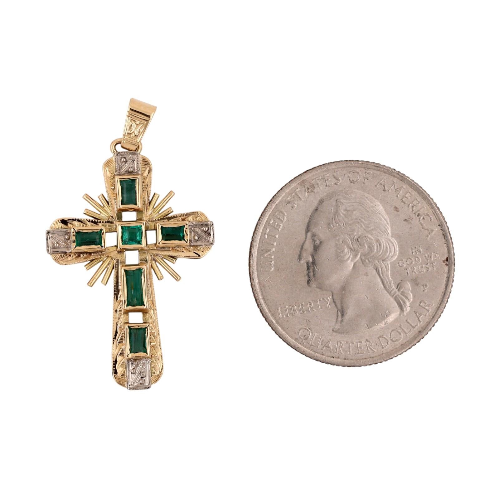 Yellow Gold Natural Emerald Cross Pendant Vintage Estate Religious Charm 0.32CTW