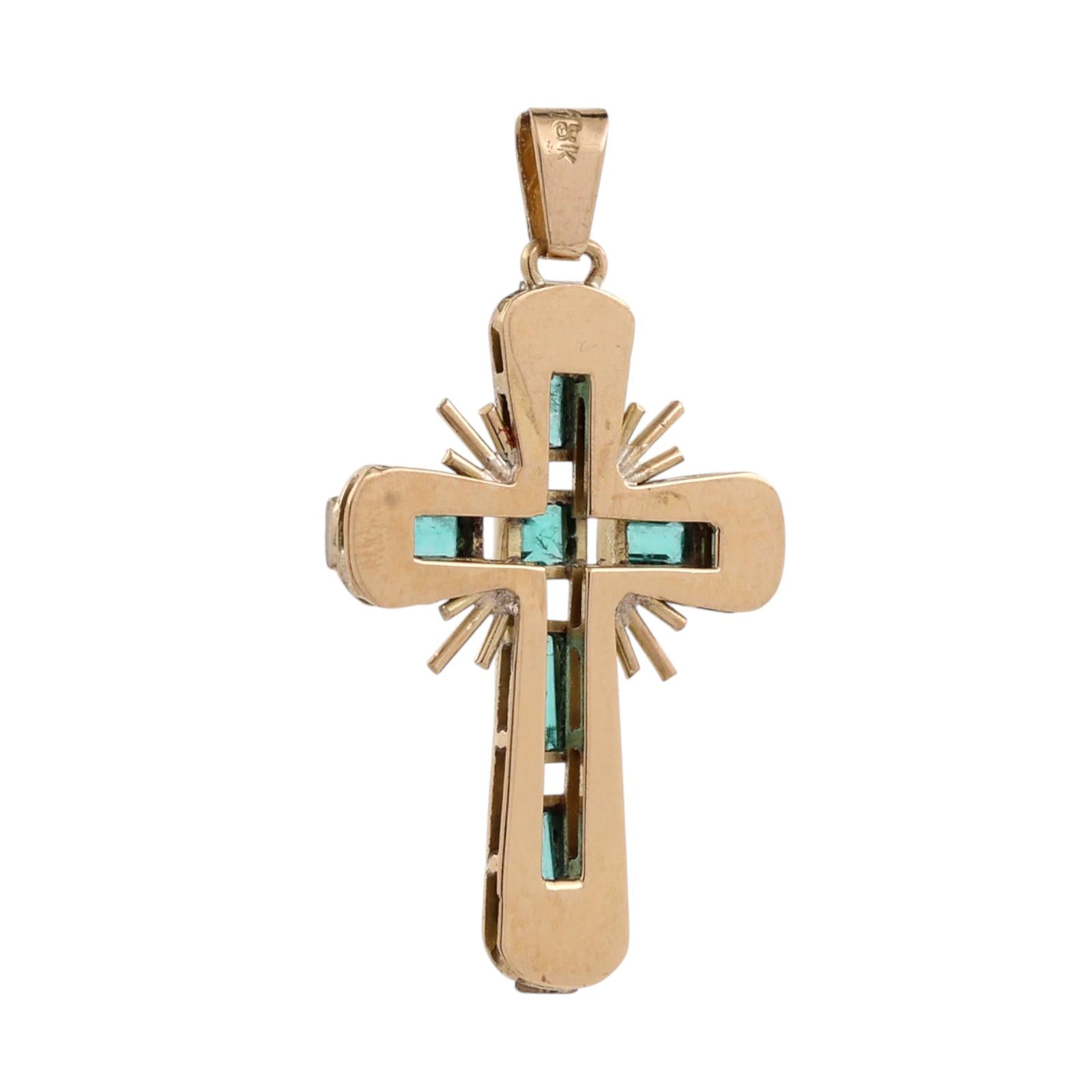 Yellow Gold Natural Emerald Cross Pendant Vintage Estate Religious Charm 0.32CTW