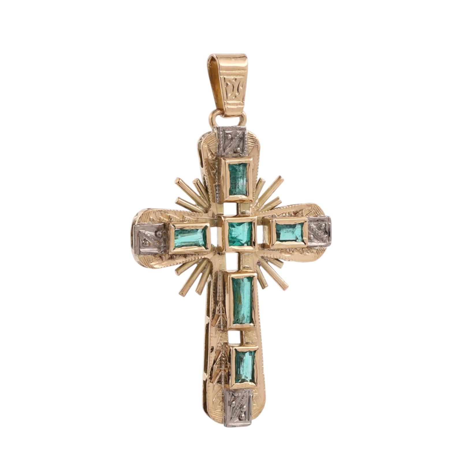 Yellow Gold Natural Emerald Cross Pendant Vintage Estate Religious Charm 0.32CTW