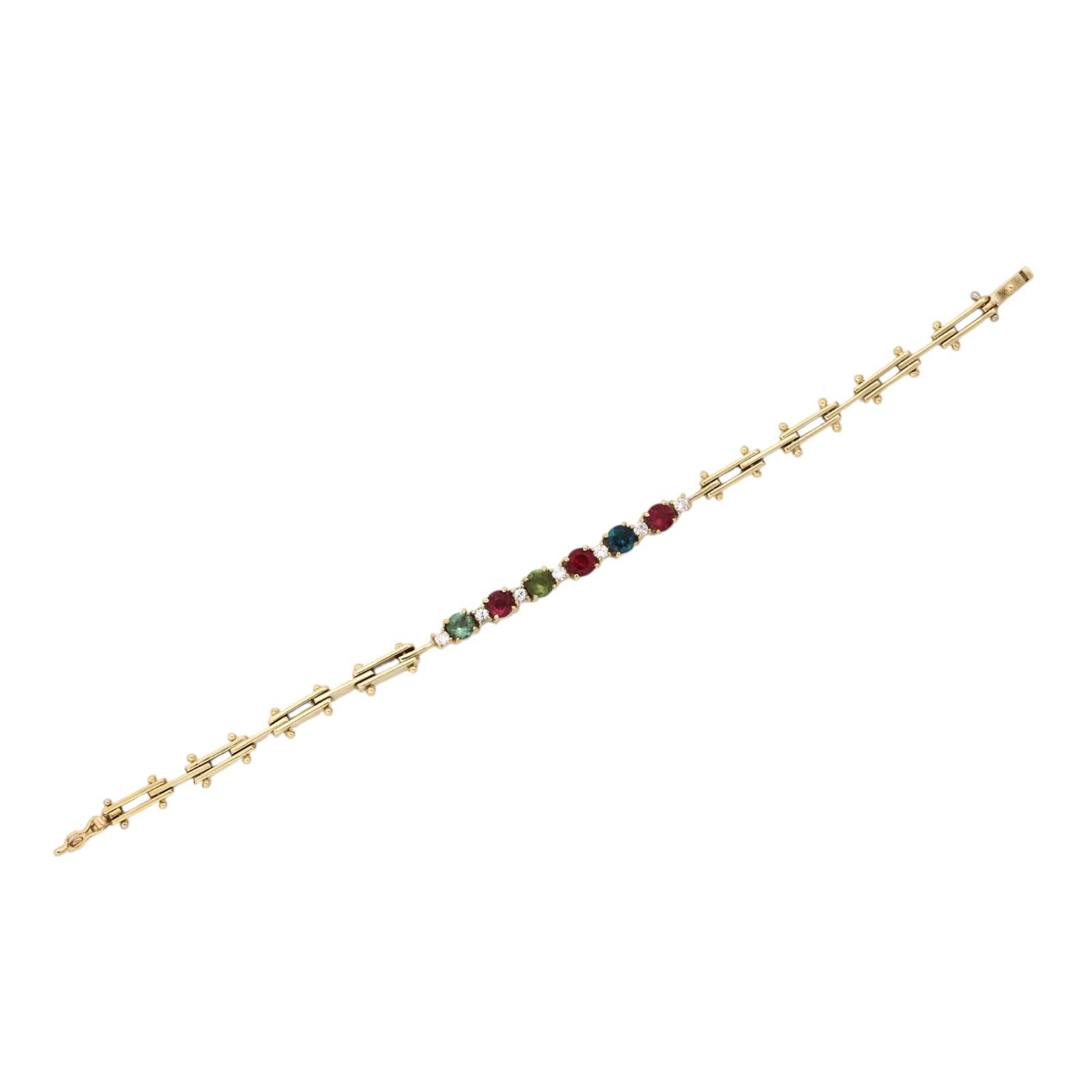 Yellow Gold Multicolored Tourmaline Diamond Tennis Bracelet 1.96CTW Estate 6"