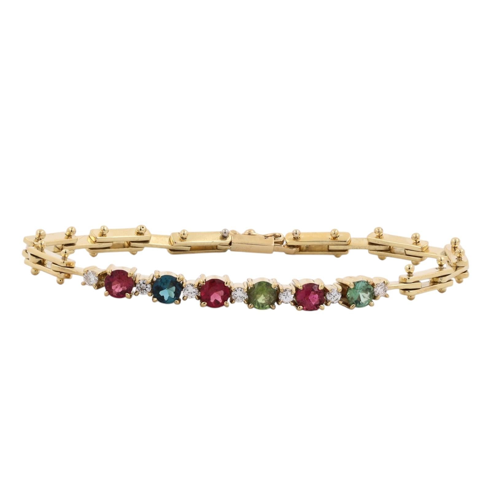 Yellow Gold Multicolored Tourmaline Diamond Tennis Bracelet 1.96CTW Estate 6"