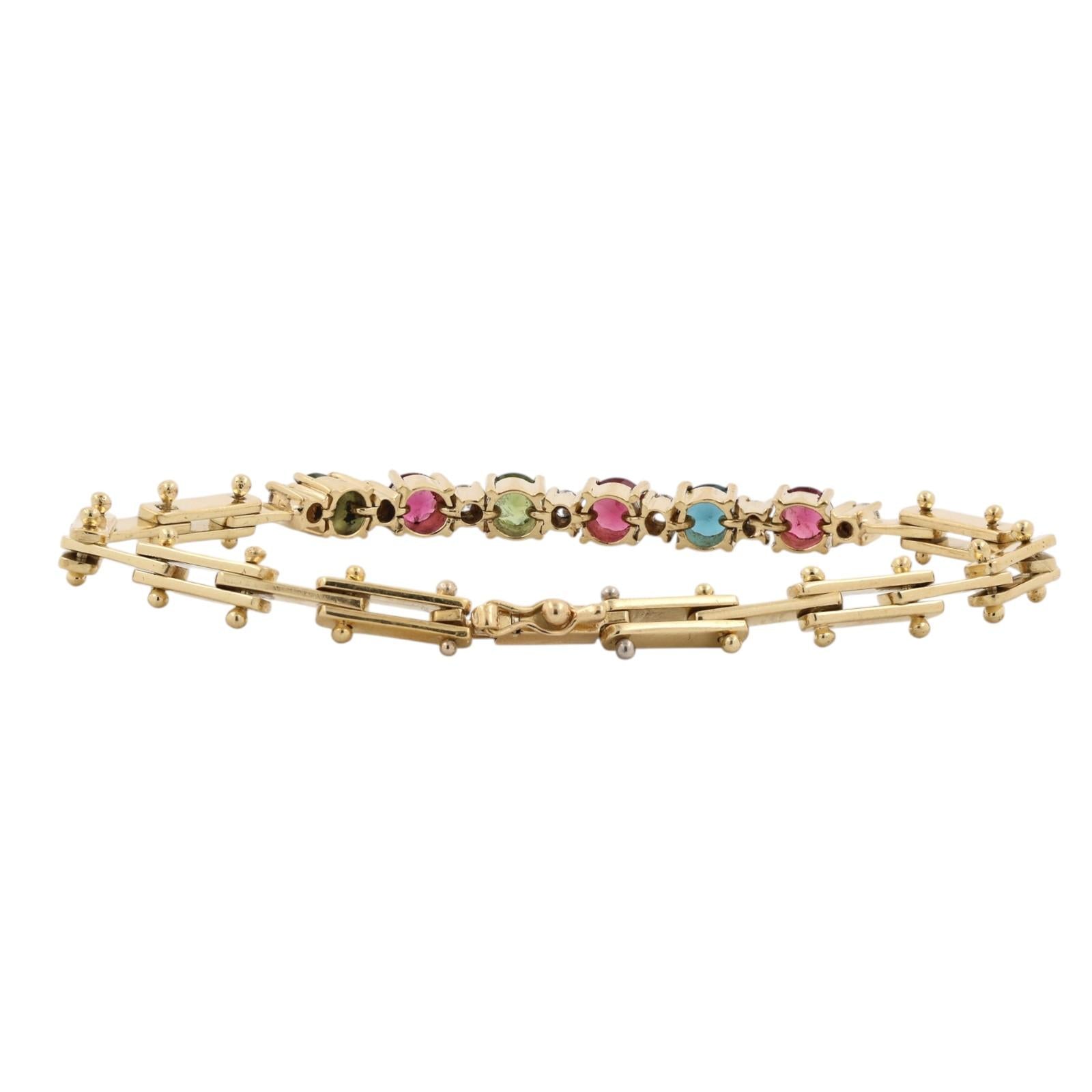 Yellow Gold Multicolored Tourmaline Diamond Tennis Bracelet 1.96CTW Estate 6"