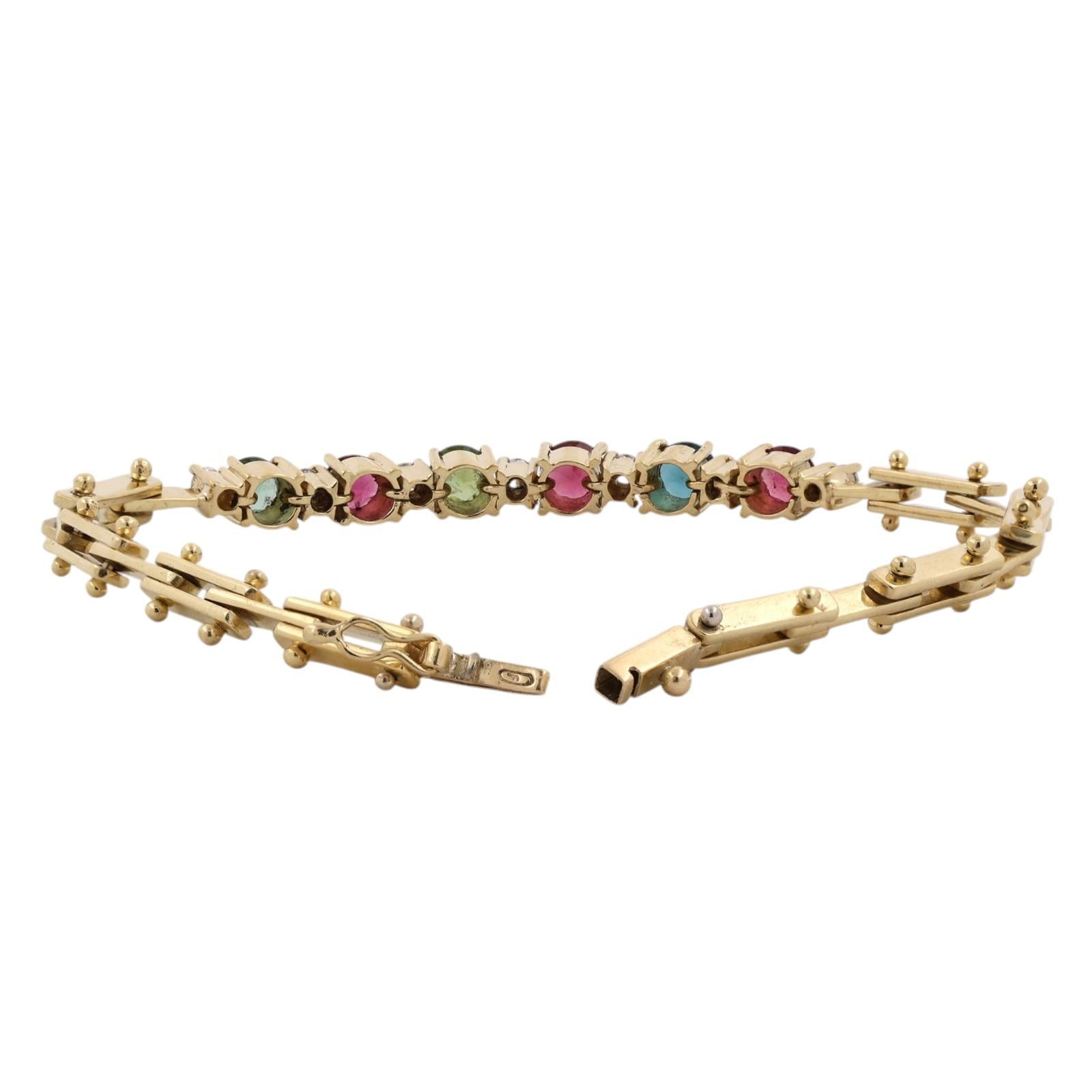 Yellow Gold Multicolored Tourmaline Diamond Tennis Bracelet 1.96CTW Estate 6"