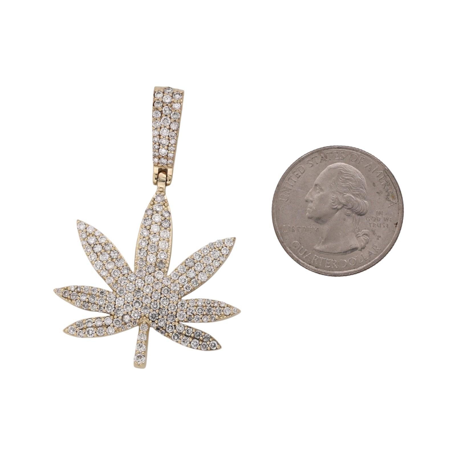 3.00 CTW Natural Diamond Cannabis Marijuana Leaf Pendant 10K Yellow Gold 12.3g