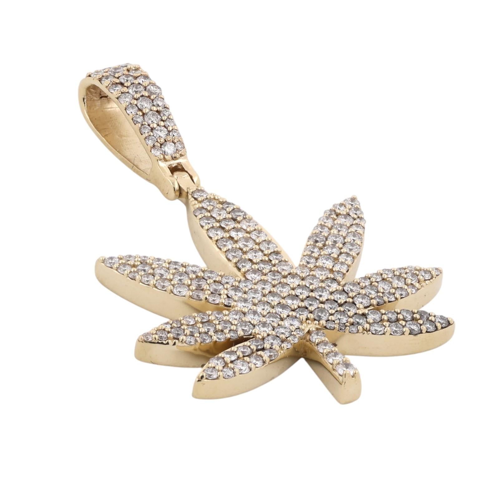3.00 CTW Natural Diamond Cannabis Marijuana Leaf Pendant 10K Yellow Gold 12.3g