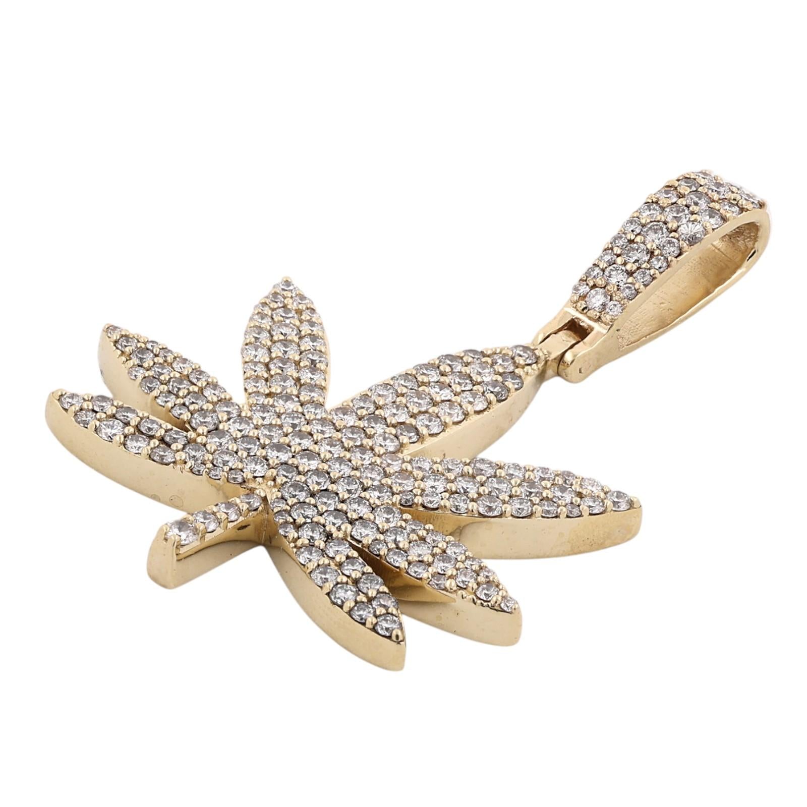 3.00 CTW Natural Diamond Cannabis Marijuana Leaf Pendant 10K Yellow Gold 12.3g
