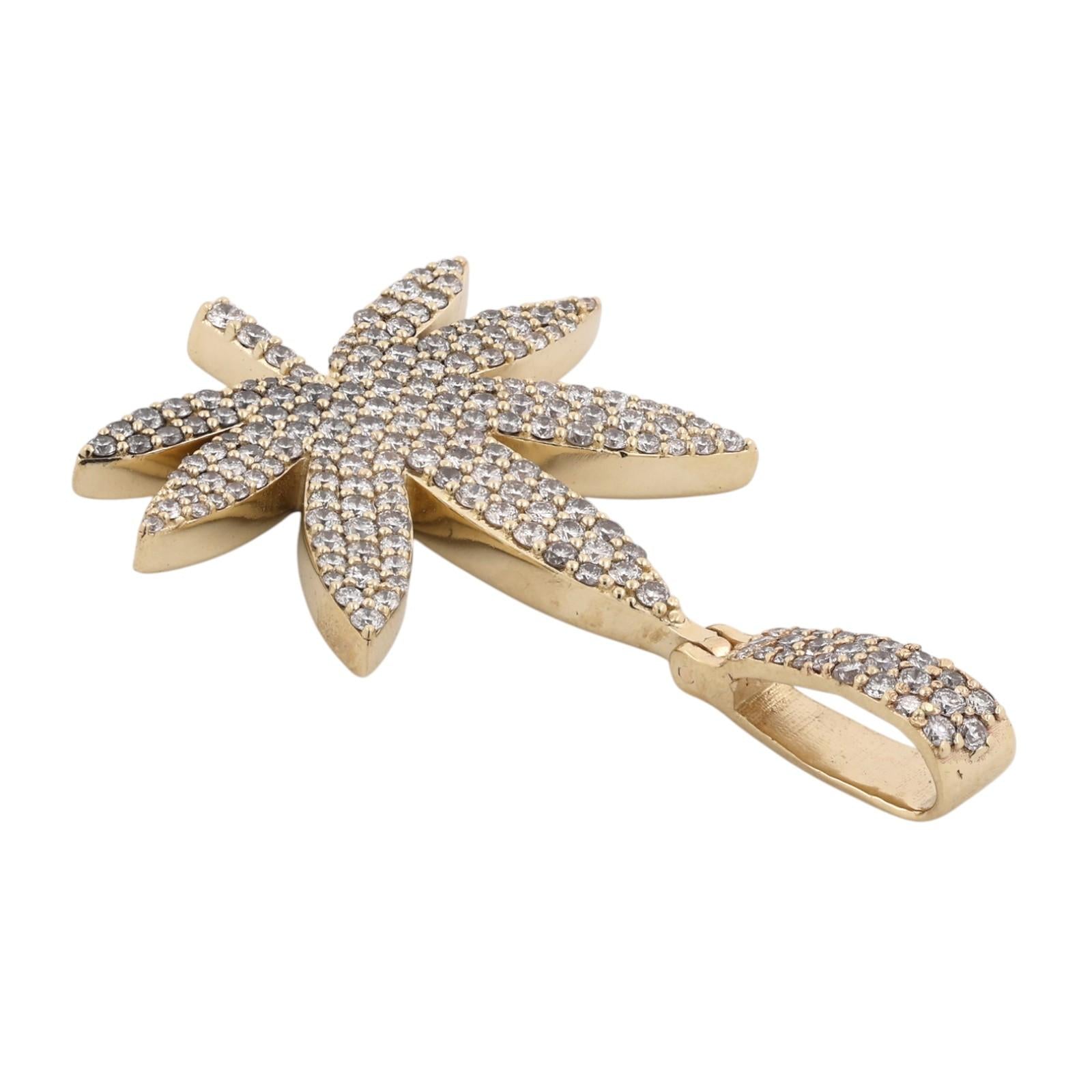 3.00 CTW Natural Diamond Cannabis Marijuana Leaf Pendant 10K Yellow Gold 12.3g