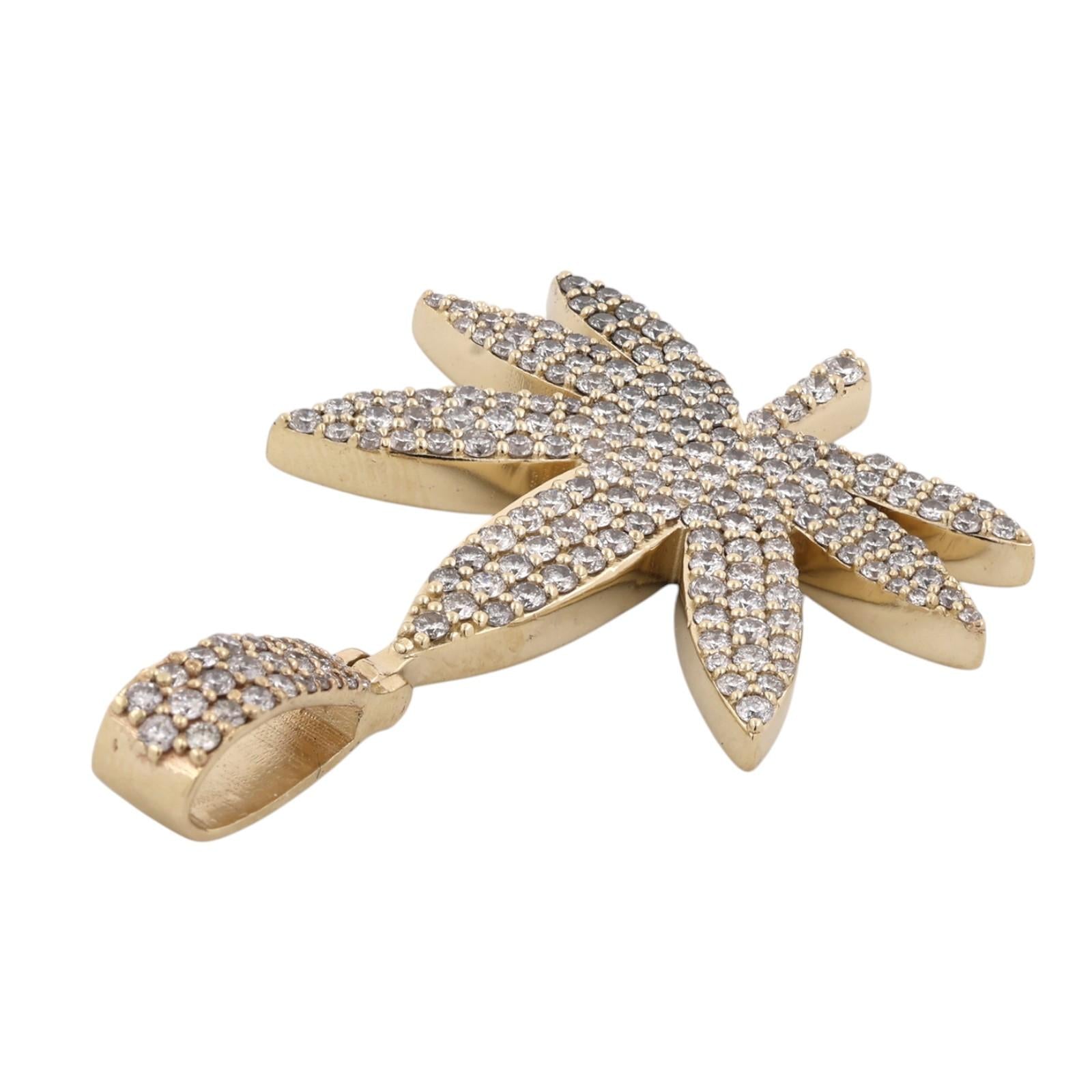 3.00 CTW Natural Diamond Cannabis Marijuana Leaf Pendant 10K Yellow Gold 12.3g