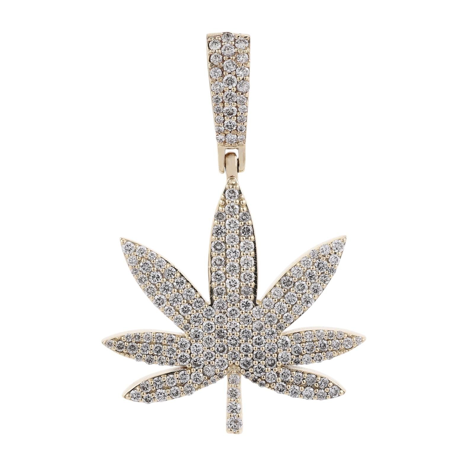3.00 CTW Natural Diamond Cannabis Marijuana Leaf Pendant 10K Yellow Gold 12.3g