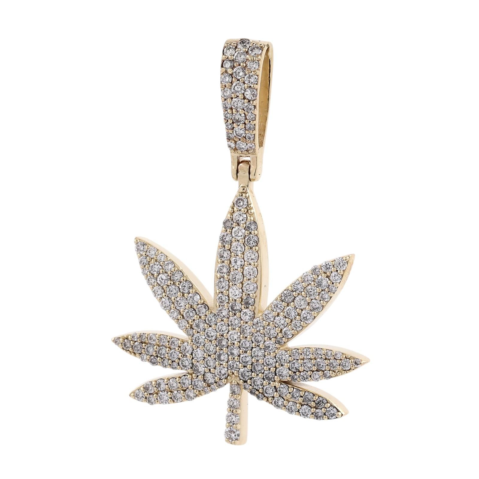 3.00 CTW Natural Diamond Cannabis Marijuana Leaf Pendant 10K Yellow Gold 12.3g