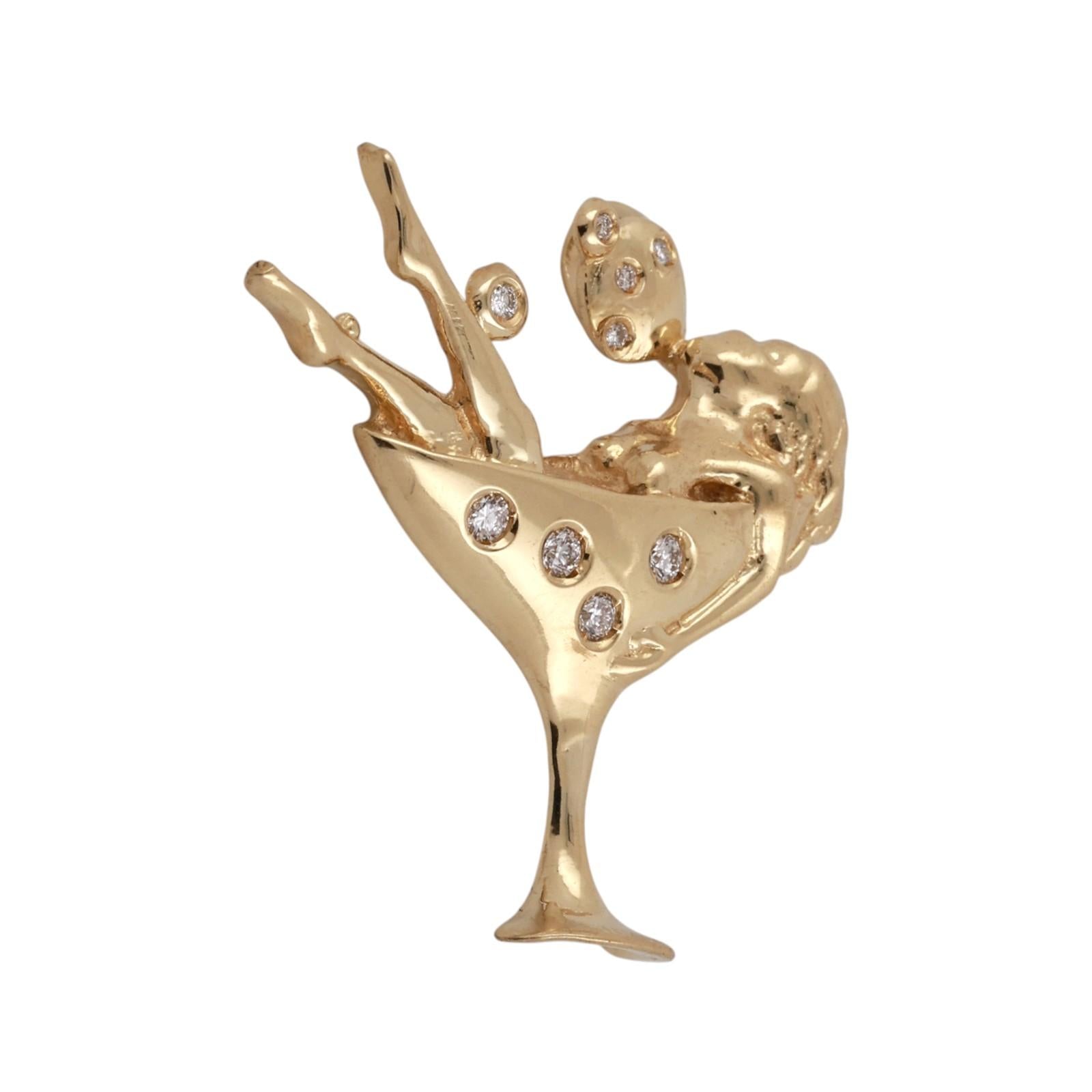 18K Yellow Gold Modernist Diamond Lady in Martini Glass Pendant 0.20CTW Estate