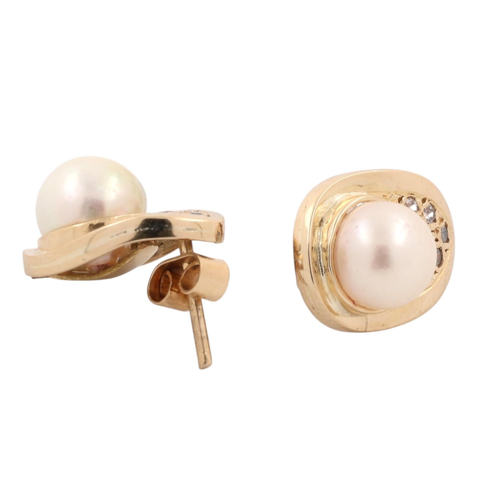 Yellow Gold Akoya Cultured Pearl Diamond Stud Earrings 7.6mm Estate Omega Style