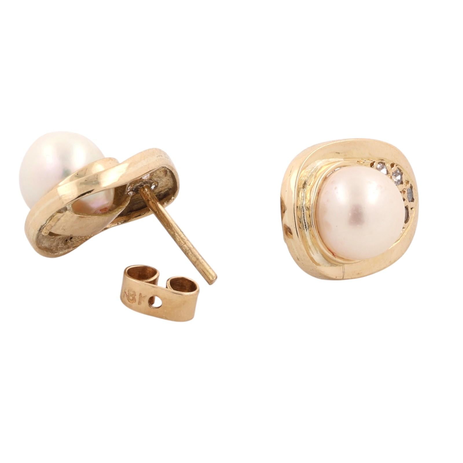 Yellow Gold Akoya Cultured Pearl Diamond Stud Earrings 7.6mm Estate Omega Style