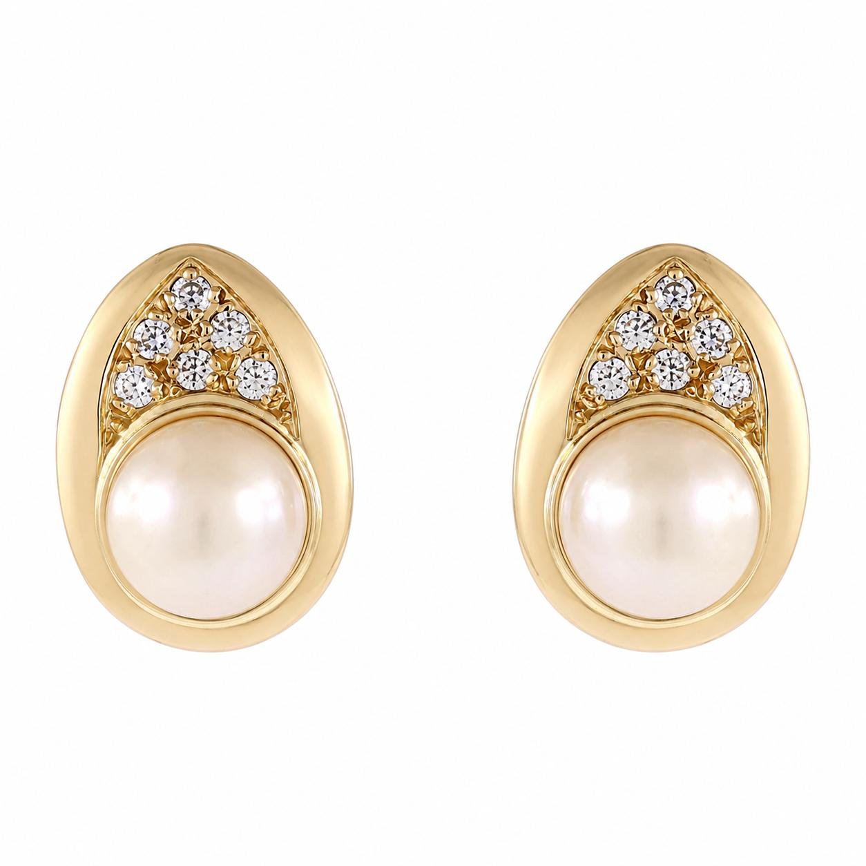Yellow Gold Akoya Cultured Pearl Diamond Stud Earrings 7.6mm Estate Omega Style