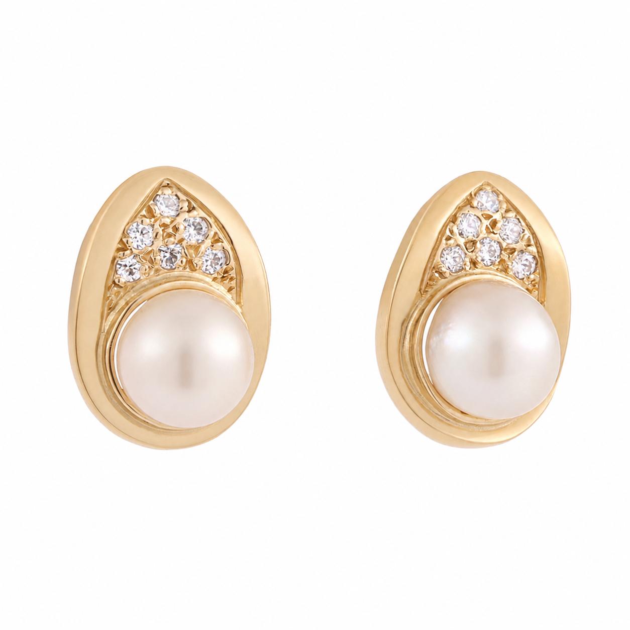 Yellow Gold Akoya Cultured Pearl Diamond Stud Earrings 7.6mm Estate Omega Style