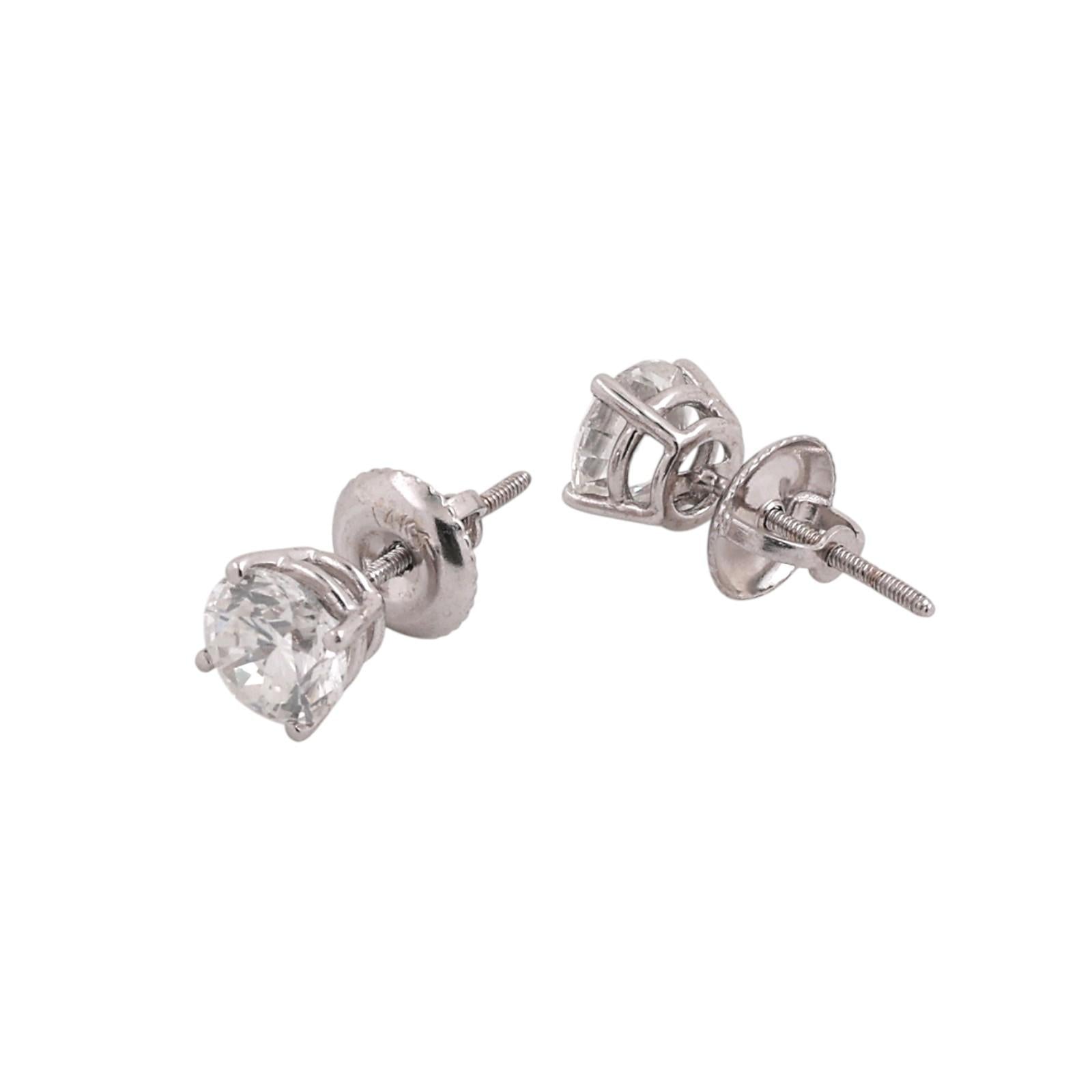1.60 CTW Natural Diamond Stud Earrings 14K White Gold Screw Back Estate