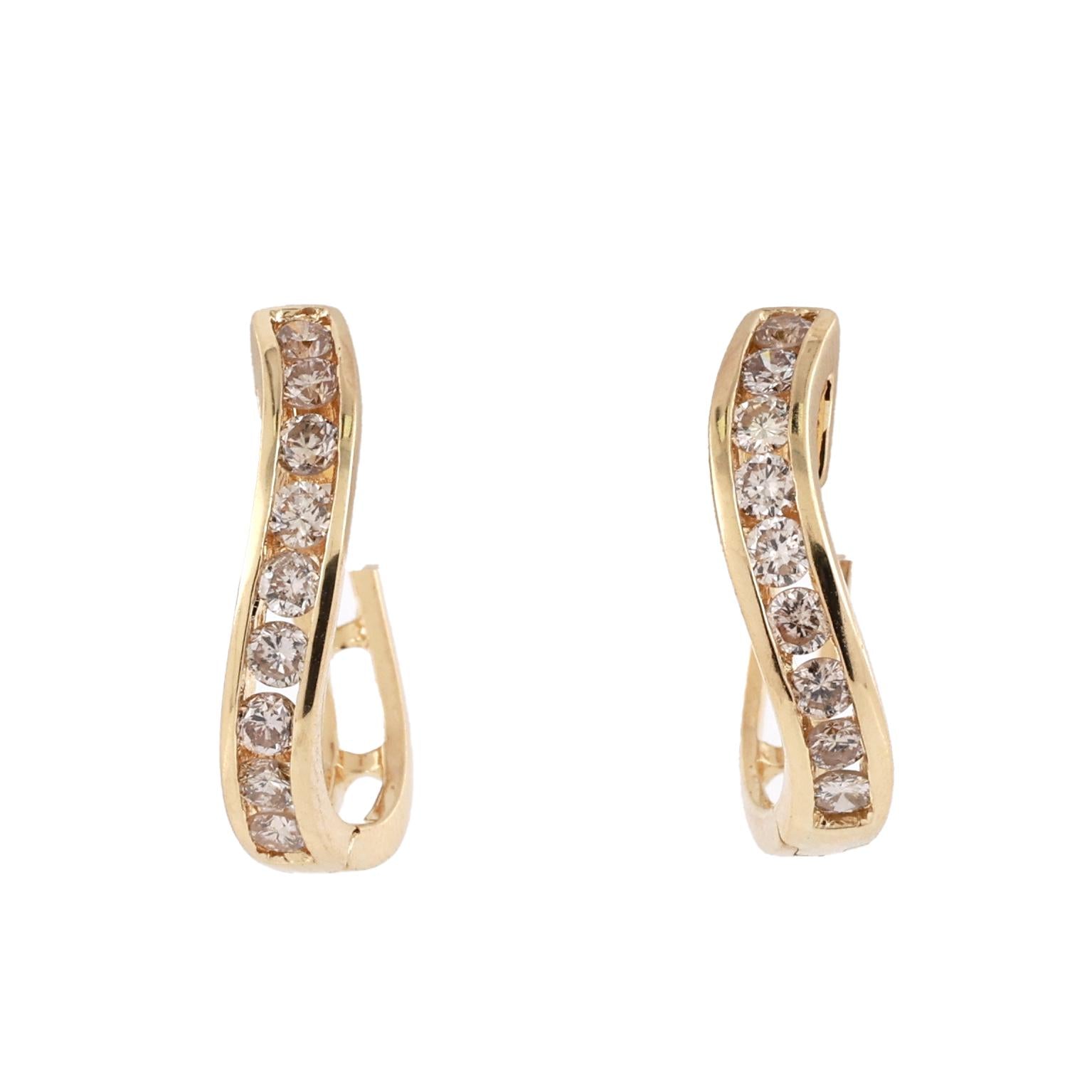 18K Yellow Gold 1.25 CTW Natural Diamond Channel Set Swirl Huggie Hoop Earrings