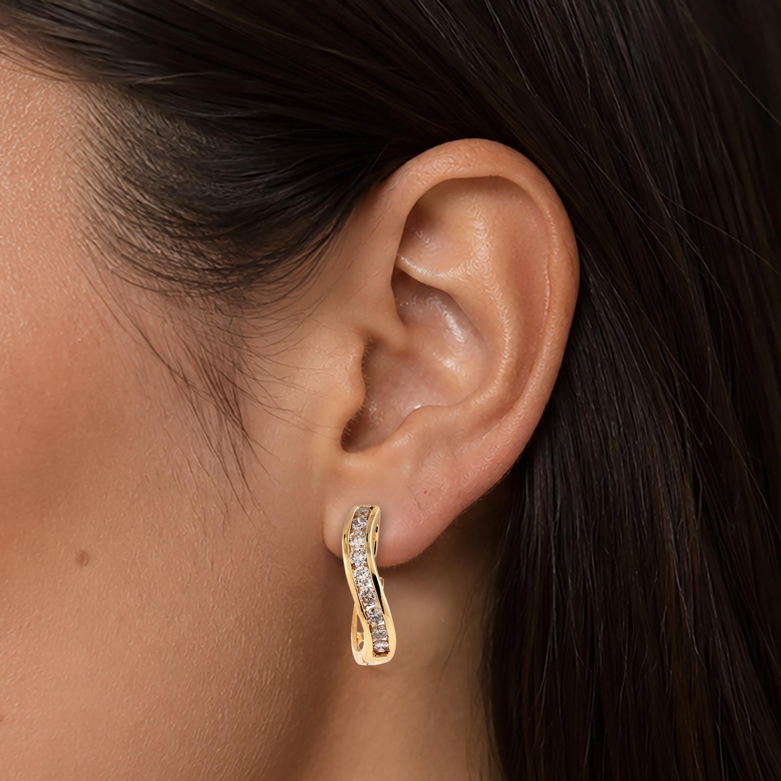 18K Yellow Gold 1.25 CTW Natural Diamond Channel Set Swirl Huggie Hoop Earrings