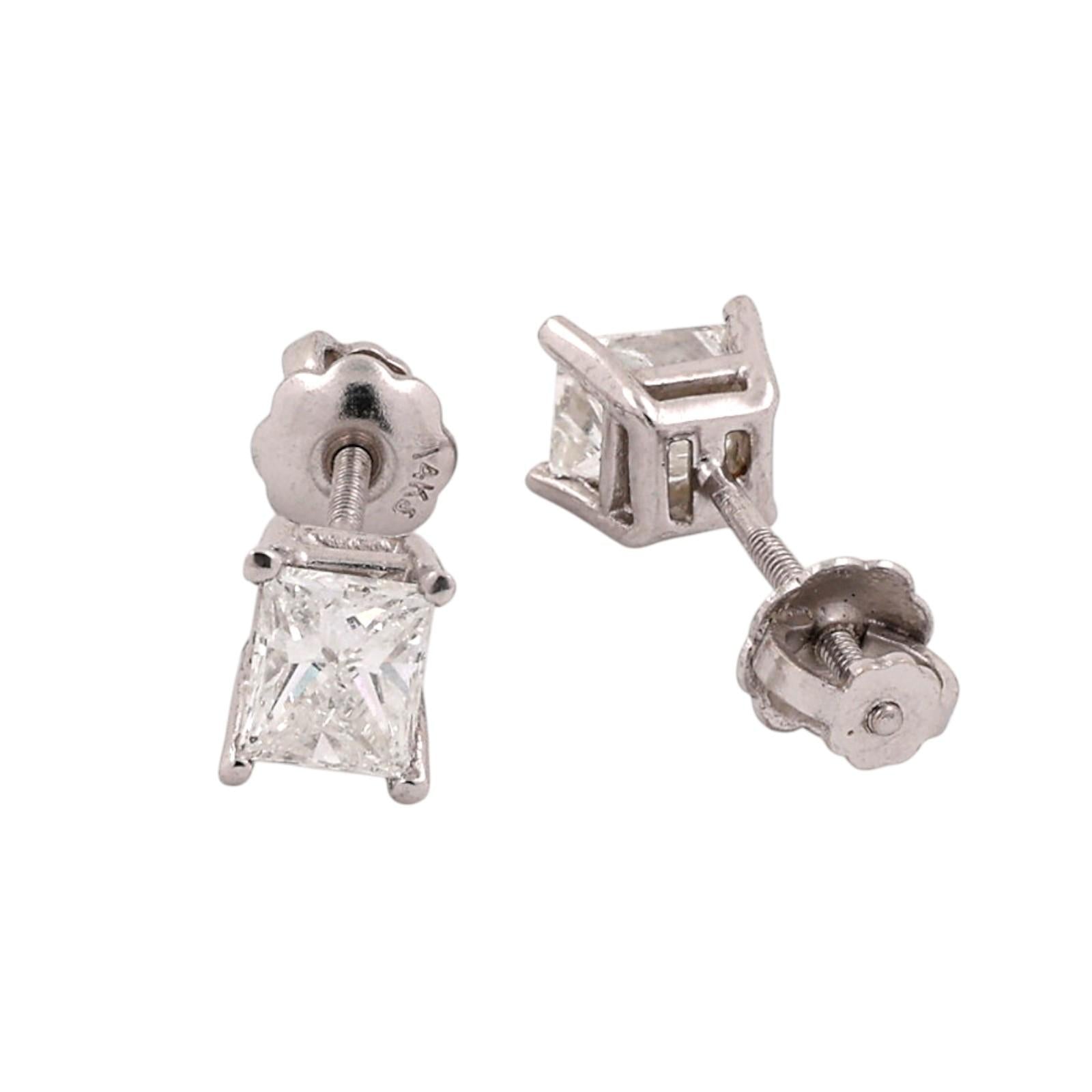 0.63CTW Natural Princess Cut Diamond Stud Earrings Platinum 14K Gold Screw Backs