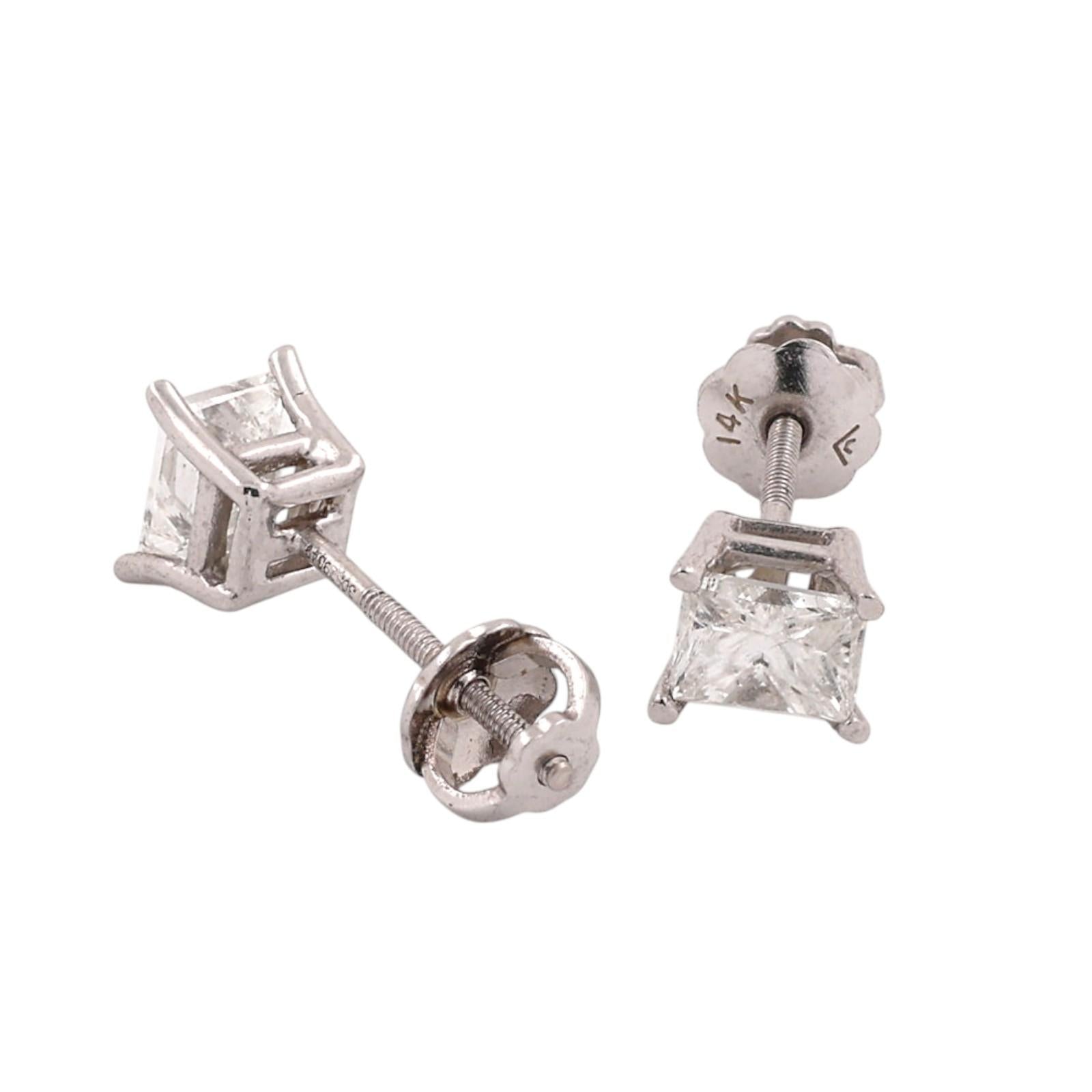 0.63CTW Natural Princess Cut Diamond Stud Earrings Platinum 14K Gold Screw Backs