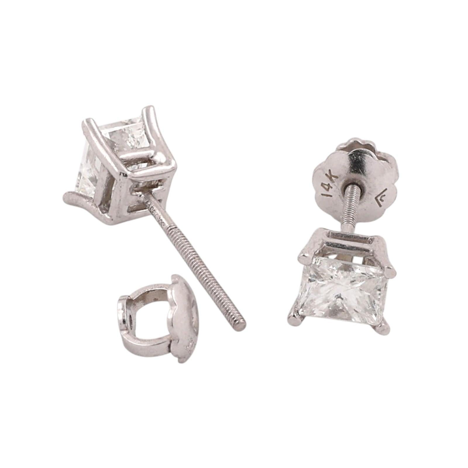 0.63CTW Natural Princess Cut Diamond Stud Earrings Platinum 14K Gold Screw Backs