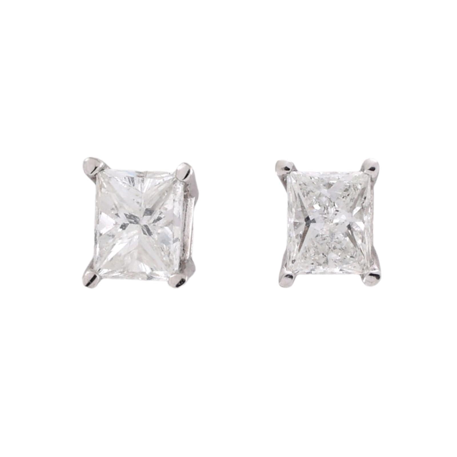 0.63CTW Natural Princess Cut Diamond Stud Earrings Platinum 14K Gold Screw Backs