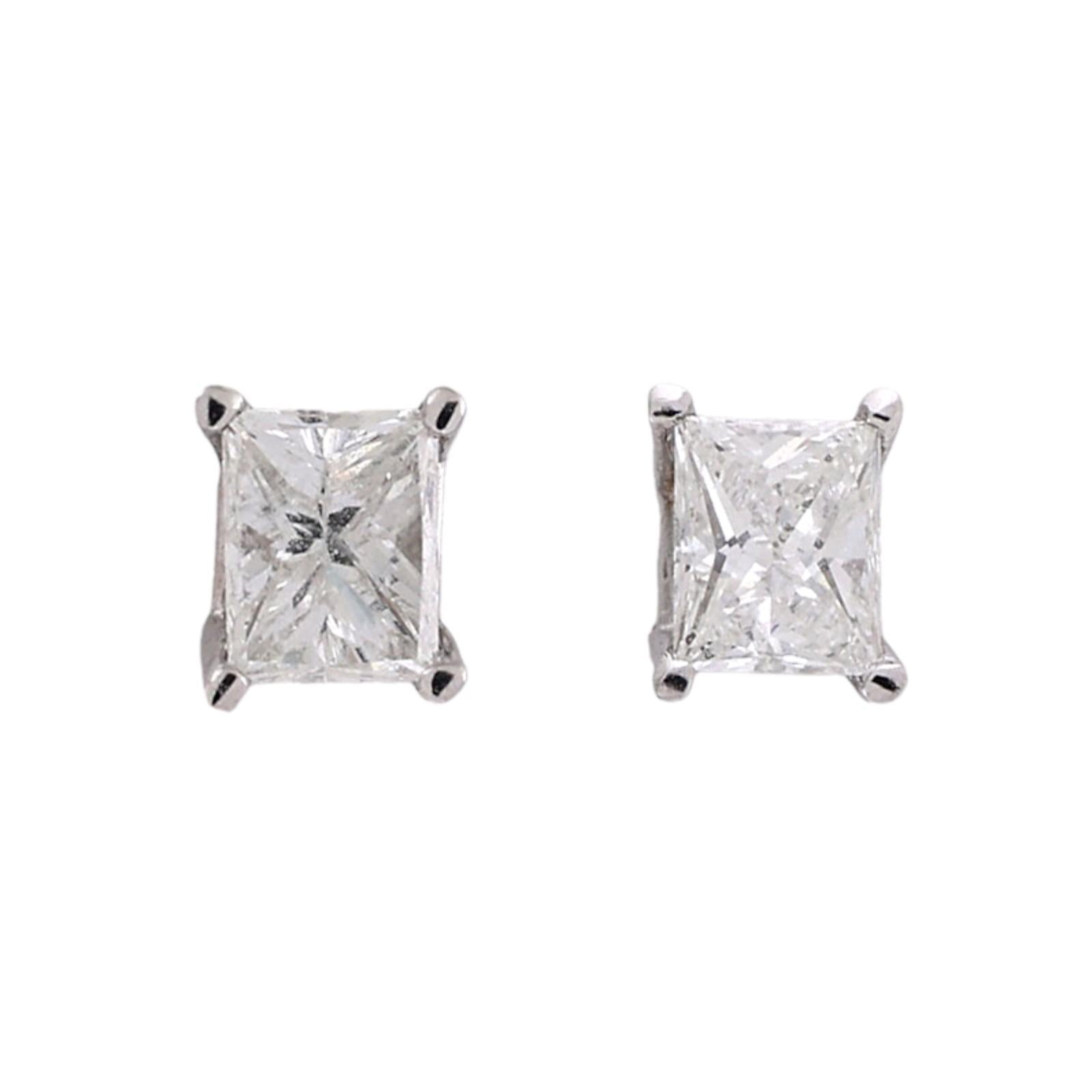 0.63CTW Natural Princess Cut Diamond Stud Earrings Platinum 14K Gold Screw Backs