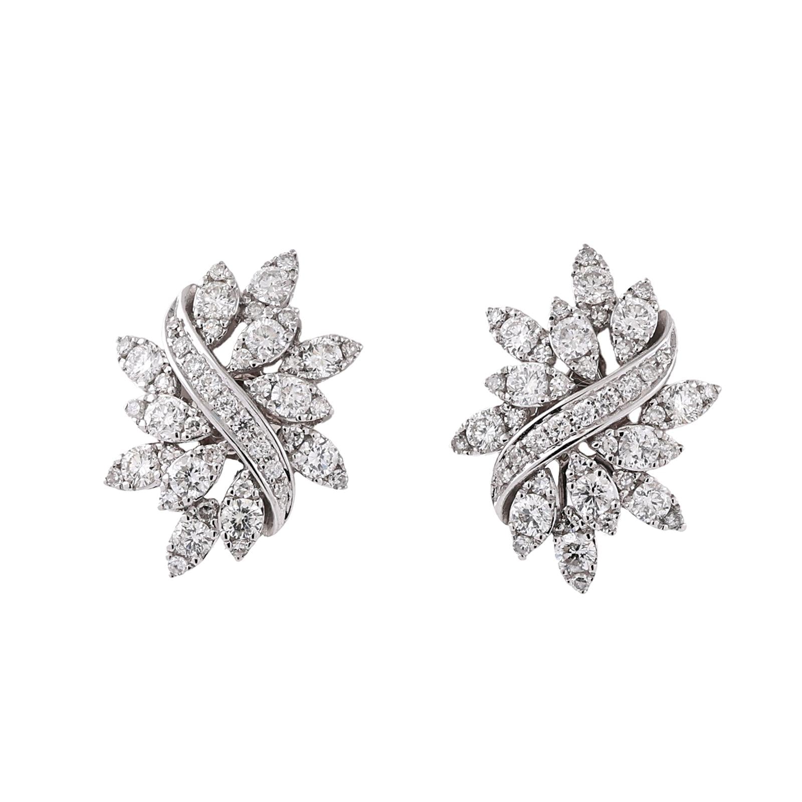 EFFY 14K White Gold 2.00CTW Diamond Cluster Floral Earrings Estate Signed