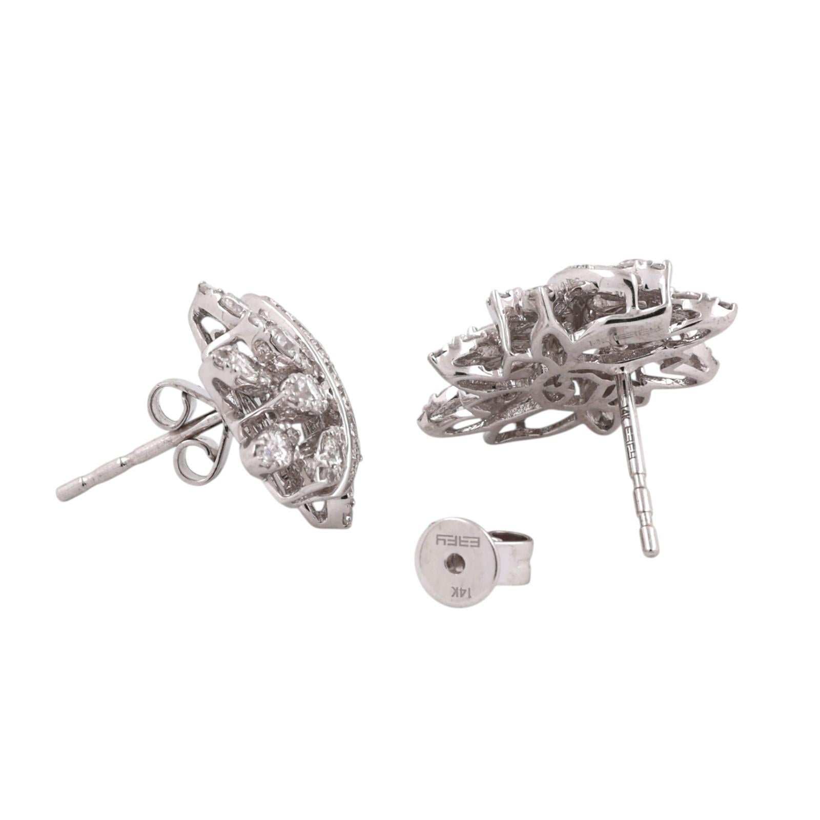 EFFY 14K White Gold 2.00CTW Diamond Cluster Floral Earrings Estate Signed