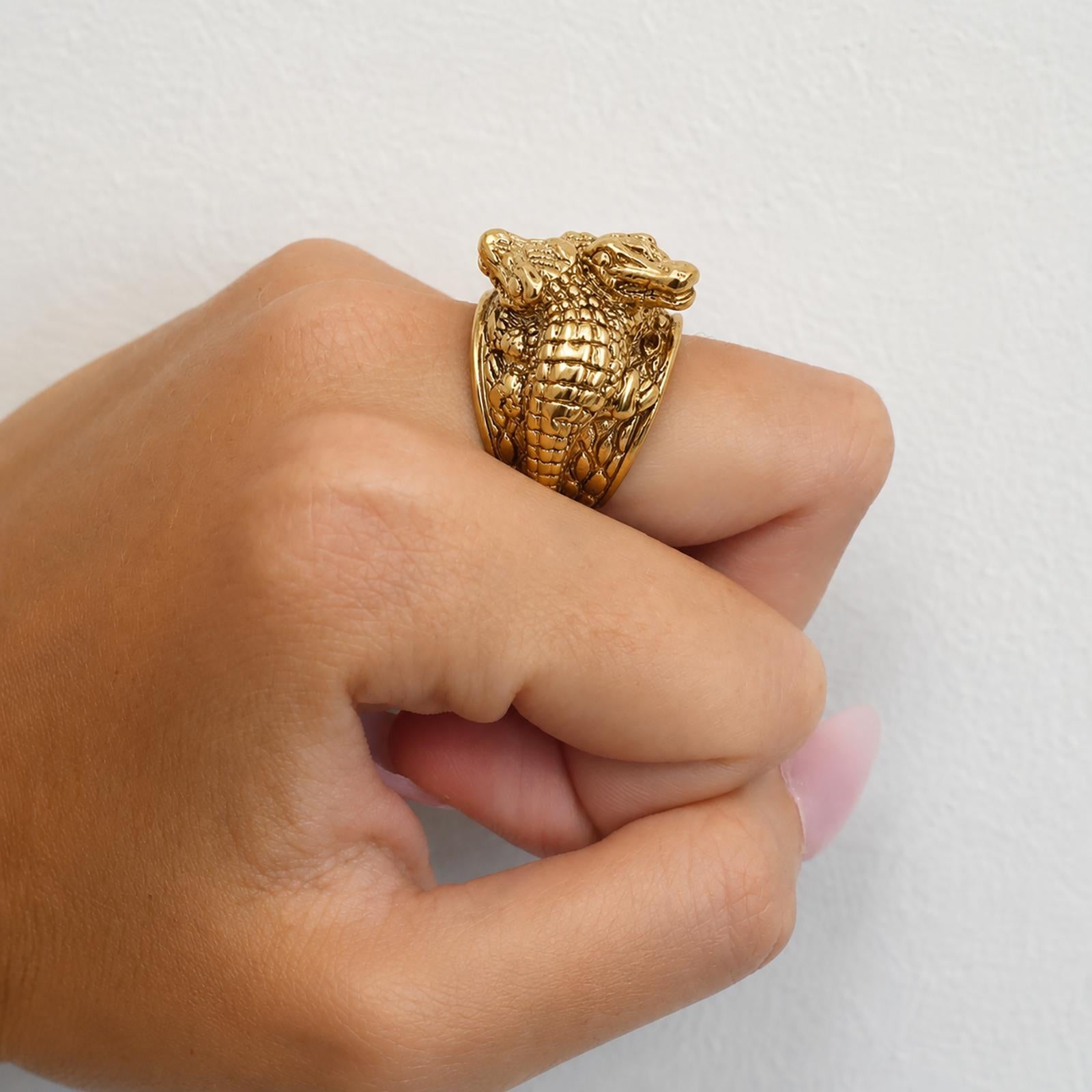 Italian Alligator Ring 14K Yellow Gold Wide Statement Band Estate Size 7.75