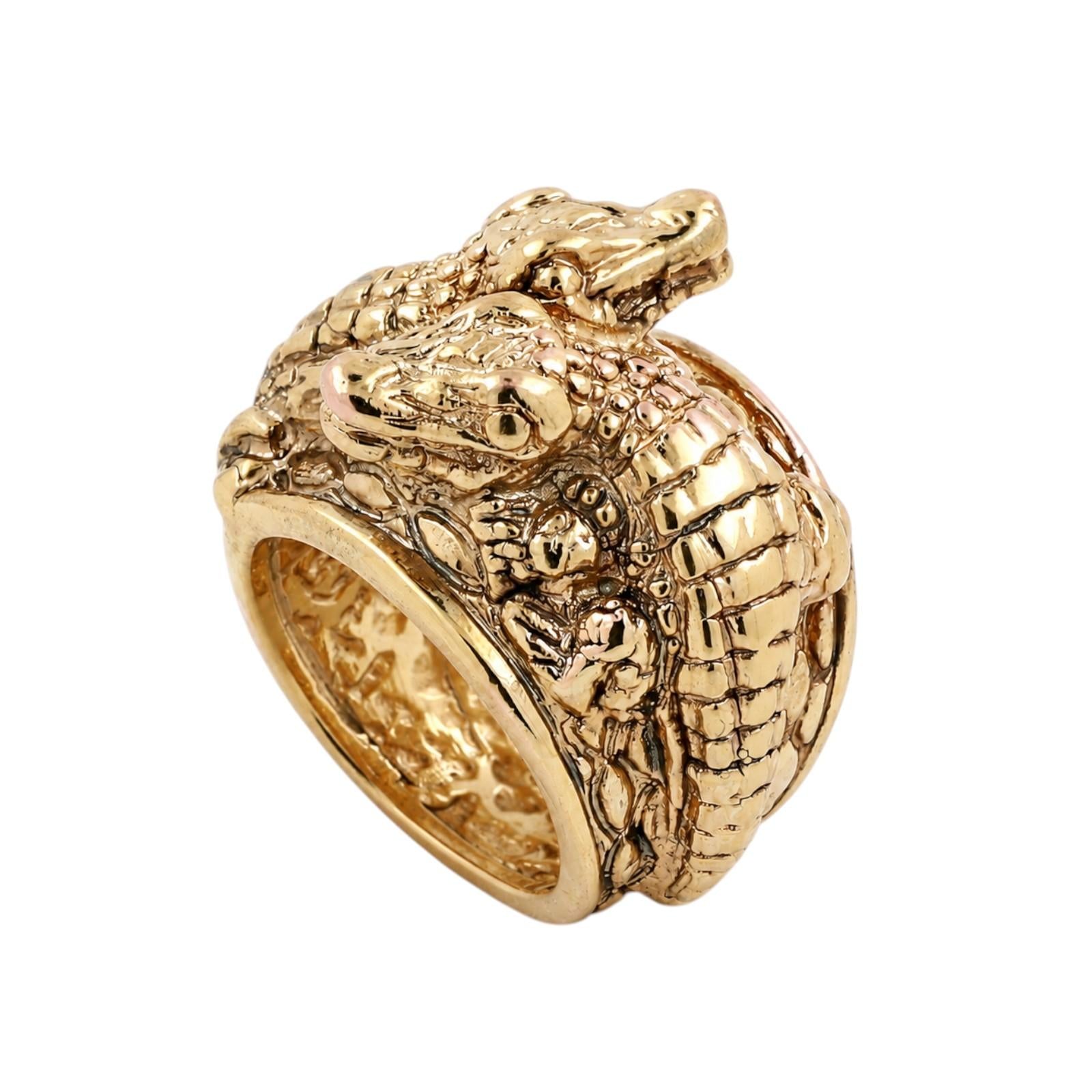 Italian Alligator Ring 14K Yellow Gold Wide Statement Band Estate Size 7.75