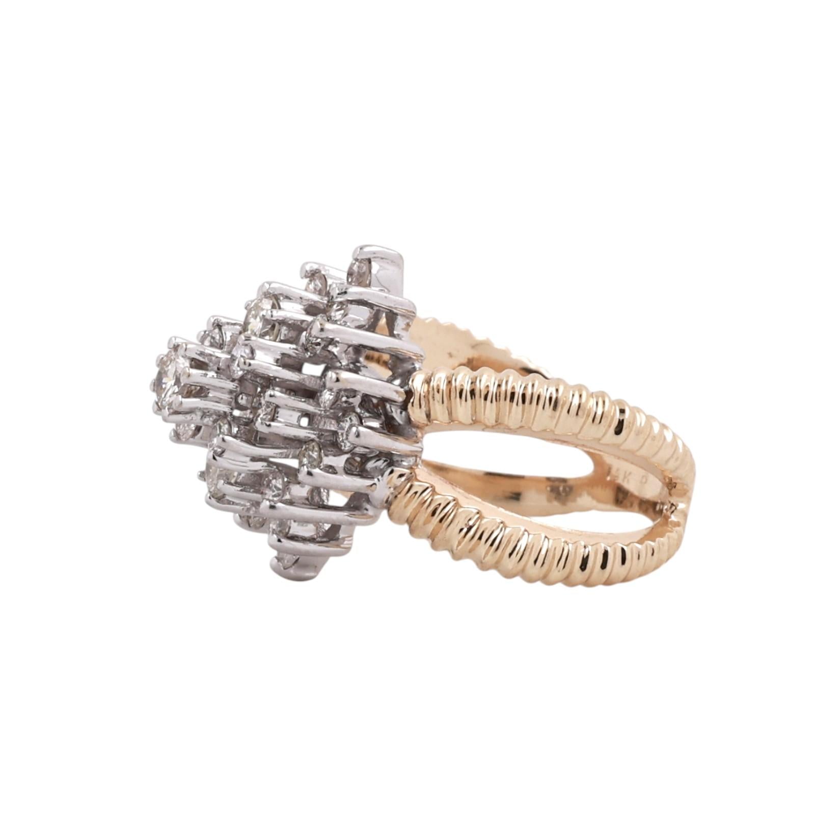1.00CTW Diamond Cluster Ring 14K Two Tone Gold Floral Estate Ring Size 5.5