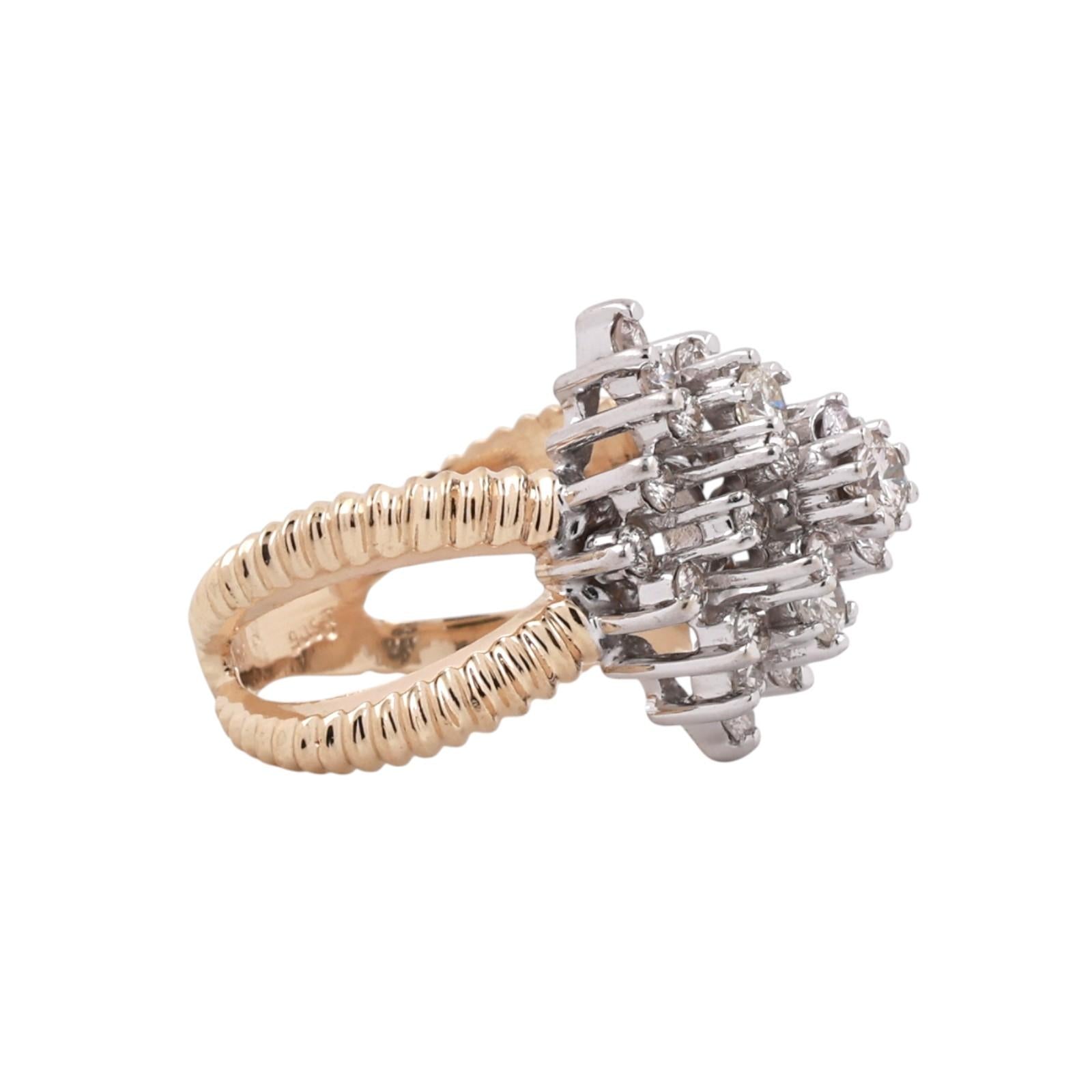 1.00CTW Diamond Cluster Ring 14K Two Tone Gold Floral Estate Ring Size 5.5