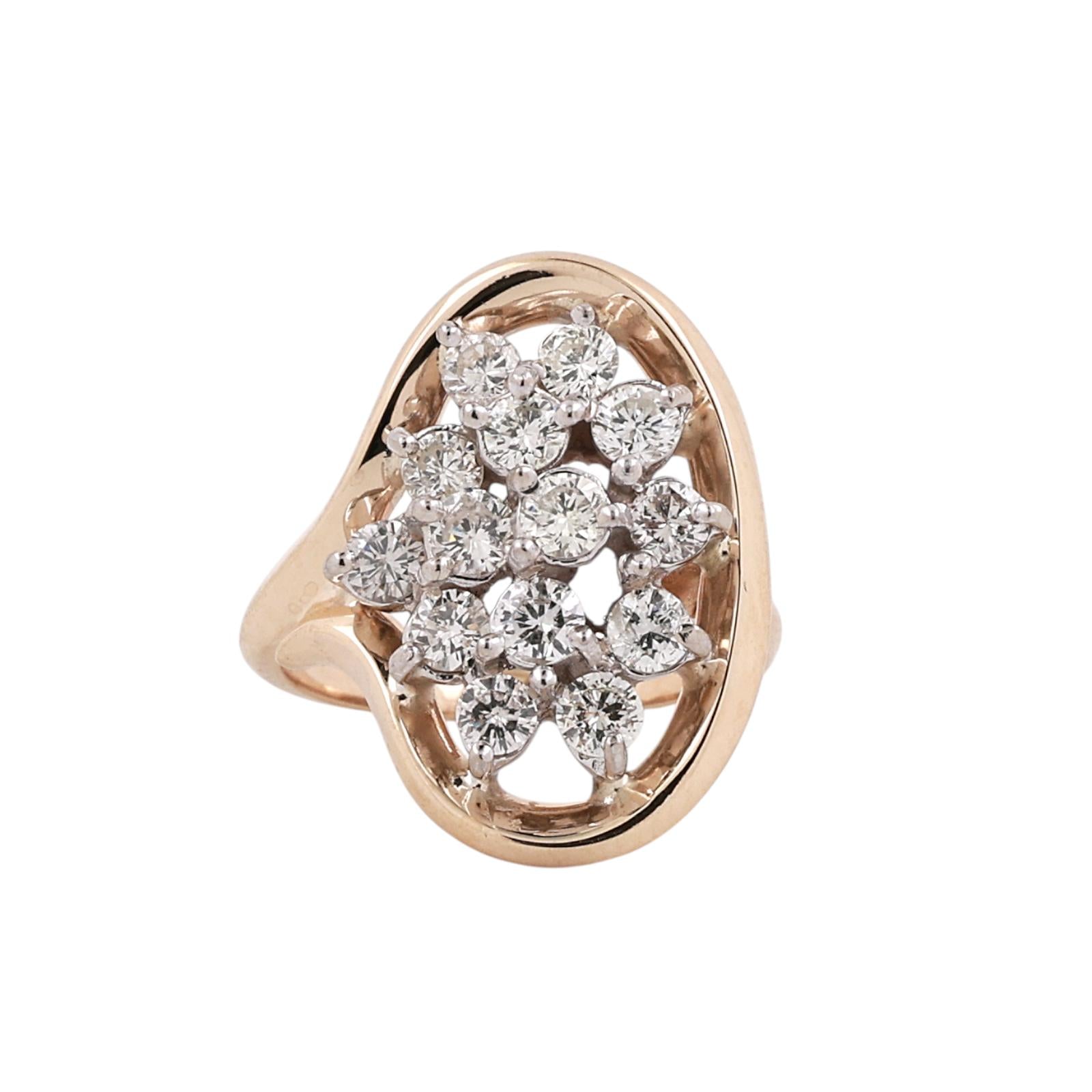 1.50CTW Diamond Cluster Ring Two Tone Gold Estate Cocktail Ring Size 5.25