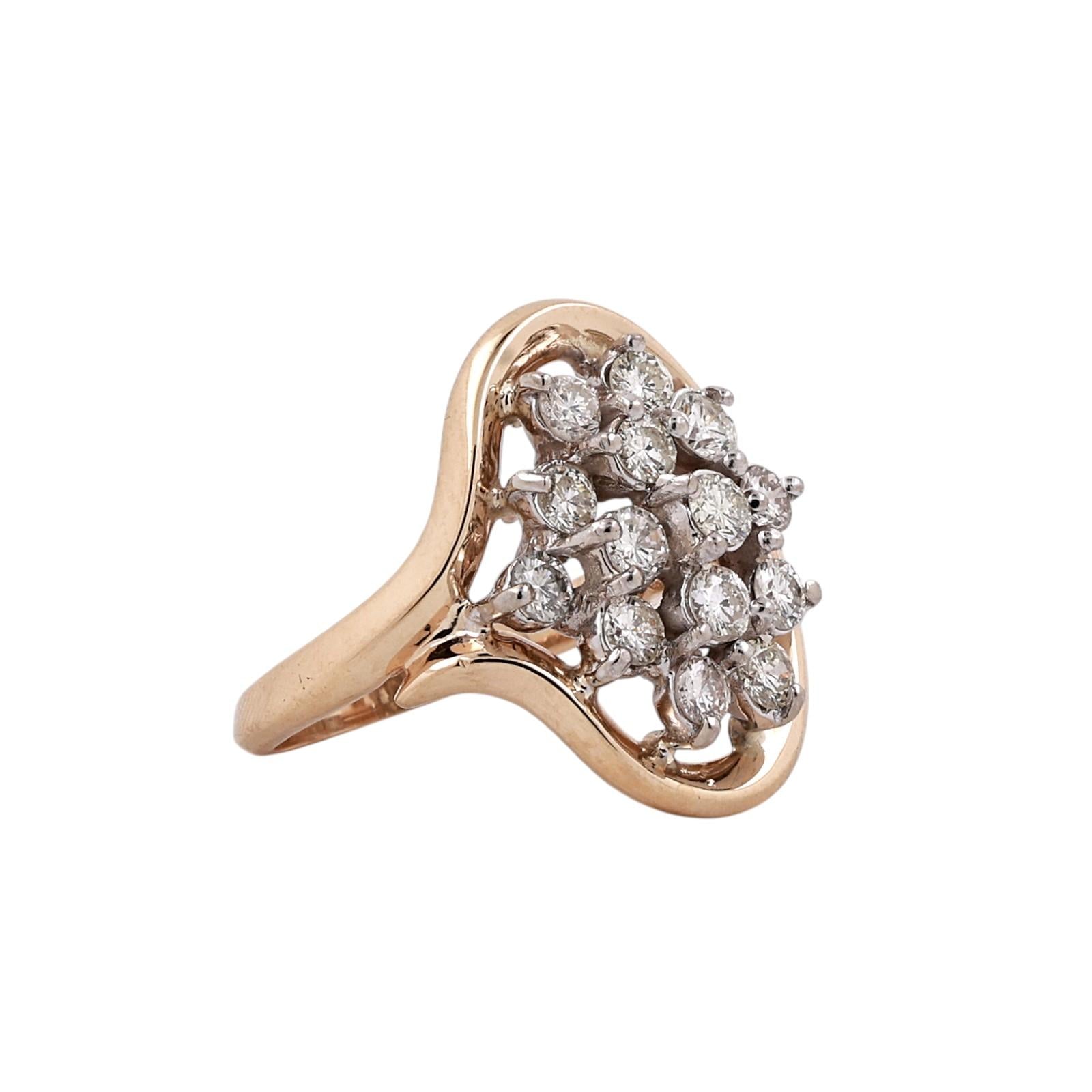 1.50CTW Diamond Cluster Ring Two Tone Gold Estate Cocktail Ring Size 5.25