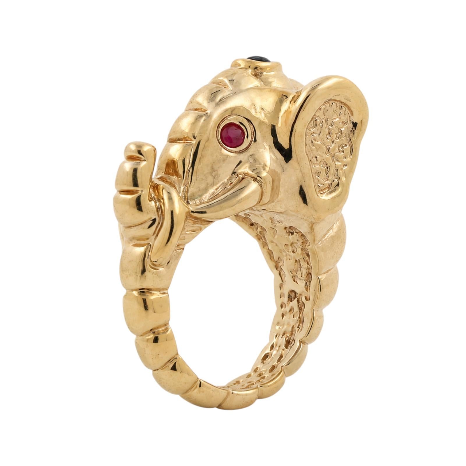 14K Yellow Gold Elephant Head Ruby Sapphire Statement Ring Size 8 Estate